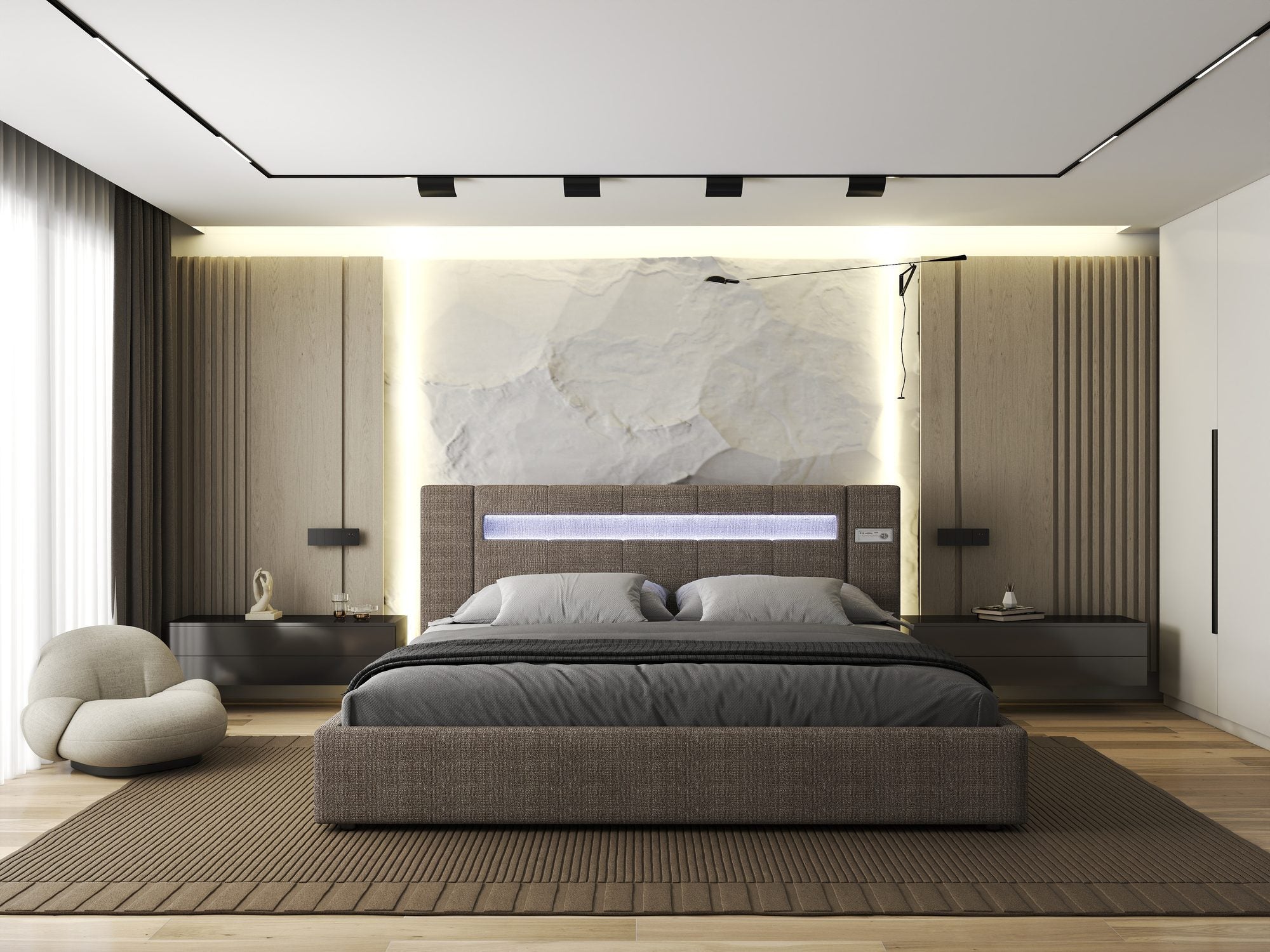 Pat dormitor dumonde, tapitat maro, Glow 180x200 cm, somiera rabatabila inclusa, spatiu depozitare