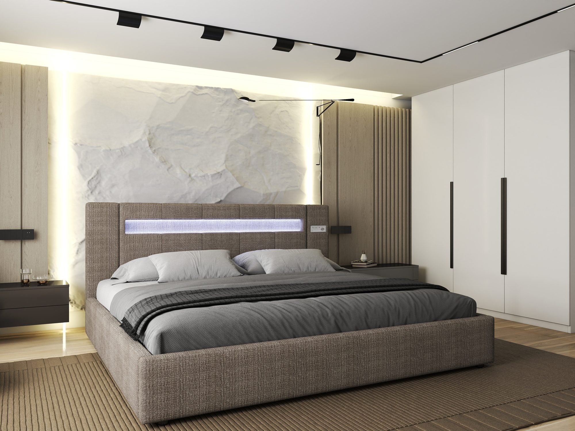 Pat dormitor dumonde, tapitat maro, Glow 180x200 cm, somiera rabatabila inclusa, spatiu depozitare