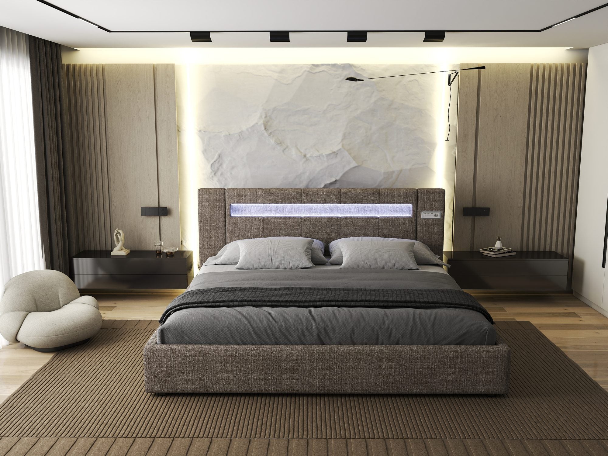 Pat dormitor dumonde, tapitat maro, Glow 180x200 cm, somiera rabatabila inclusa, spatiu depozitare