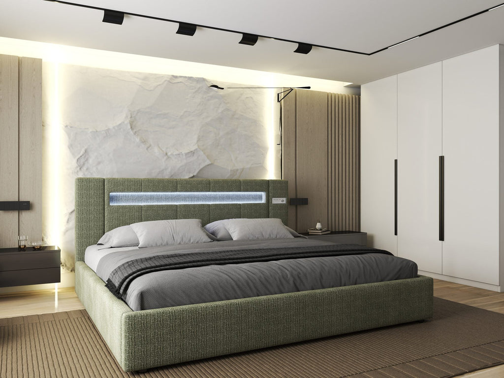 Pat dormitor dumonde, tapitat verde, Glow 180x200 cm, somiera rabatabila inclusa, spatiu depozitare
