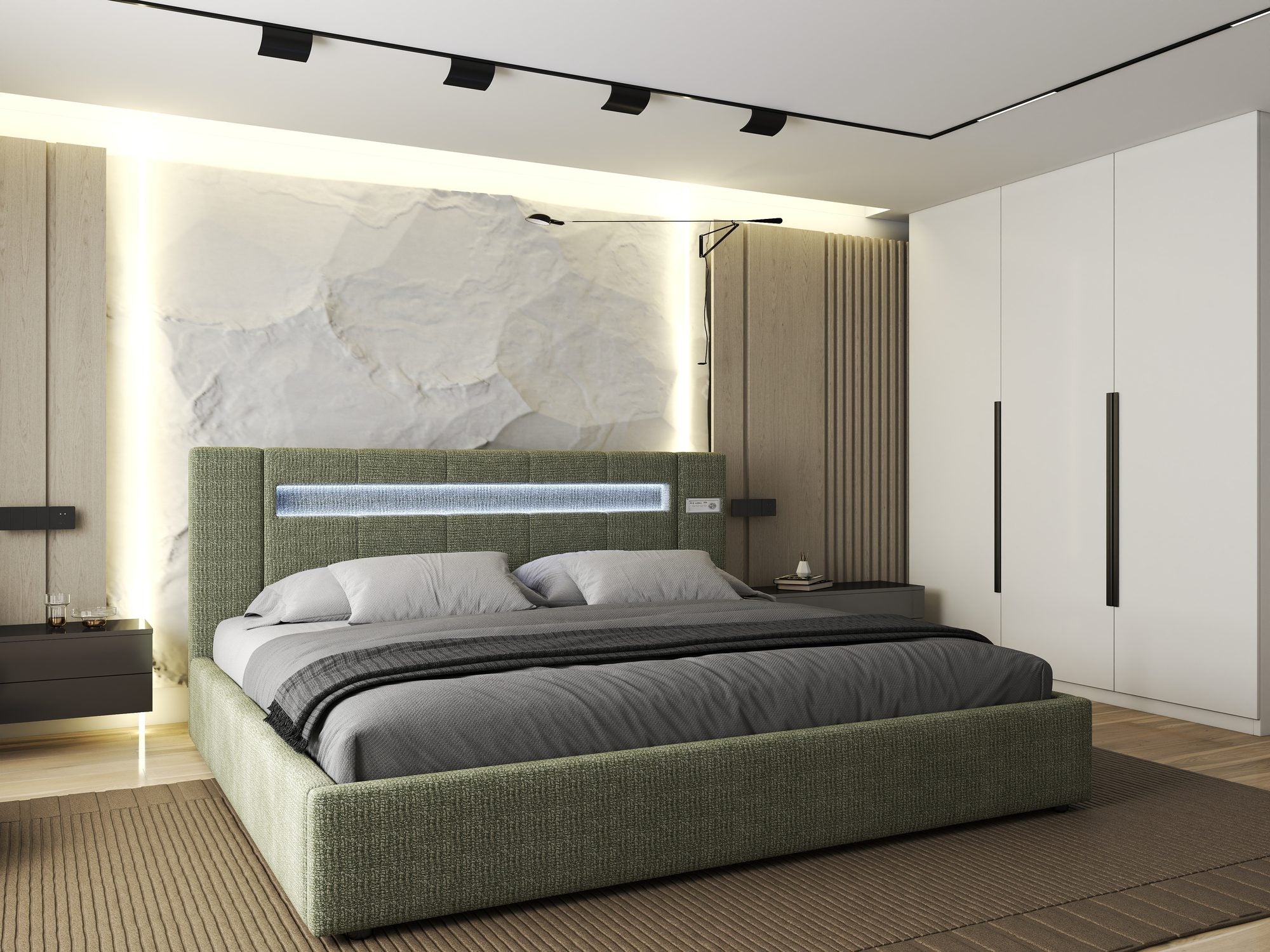 Pat dormitor dumonde, tapitat verde, Glow 180x200 cm, somiera rabatabila inclusa, spatiu depozitare