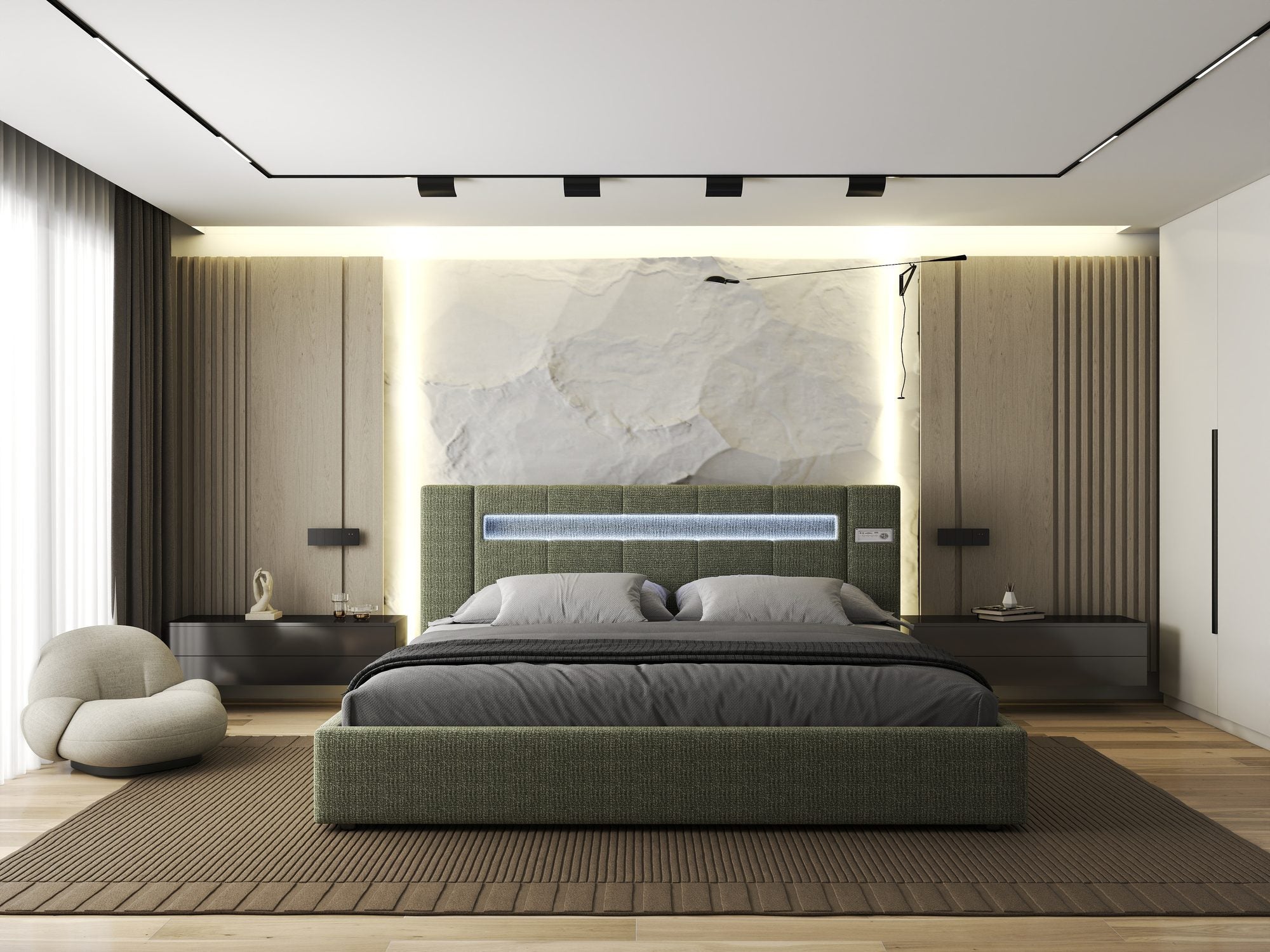 Pat dormitor dumonde, tapitat verde, Glow 180x200 cm, somiera rabatabila inclusa, spatiu depozitare