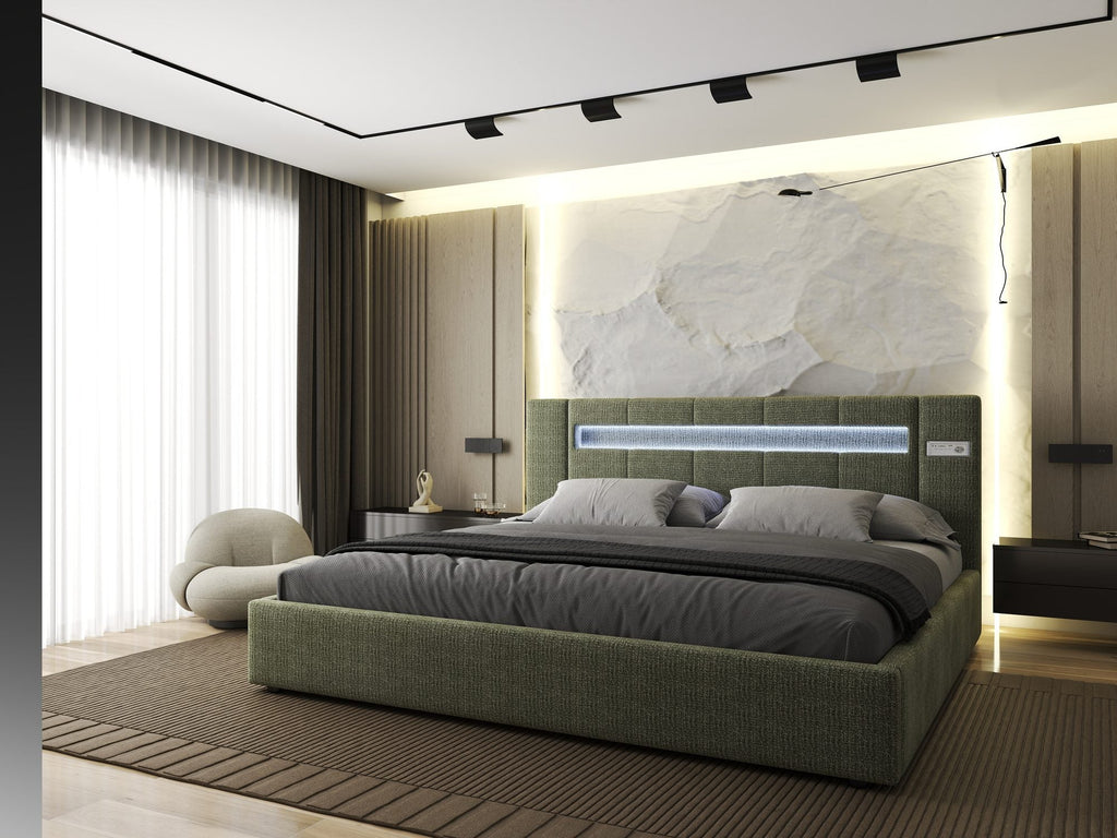 Pat dormitor dumonde, tapitat verde, Glow 180x200 cm, somiera rabatabila inclusa, spatiu depozitare