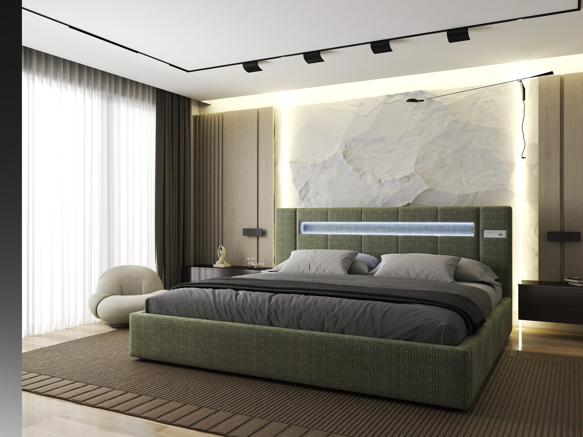 Pat dormitor dumonde, tapitat verde, Glow 180x200 cm, somiera rabatabila inclusa, spatiu depozitare