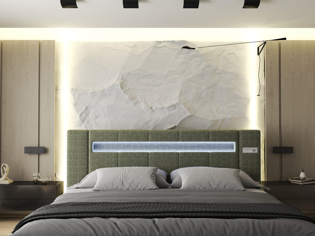 Pat dormitor dumonde, tapitat verde, Glow 180x200 cm, somiera rabatabila inclusa, spatiu depozitare