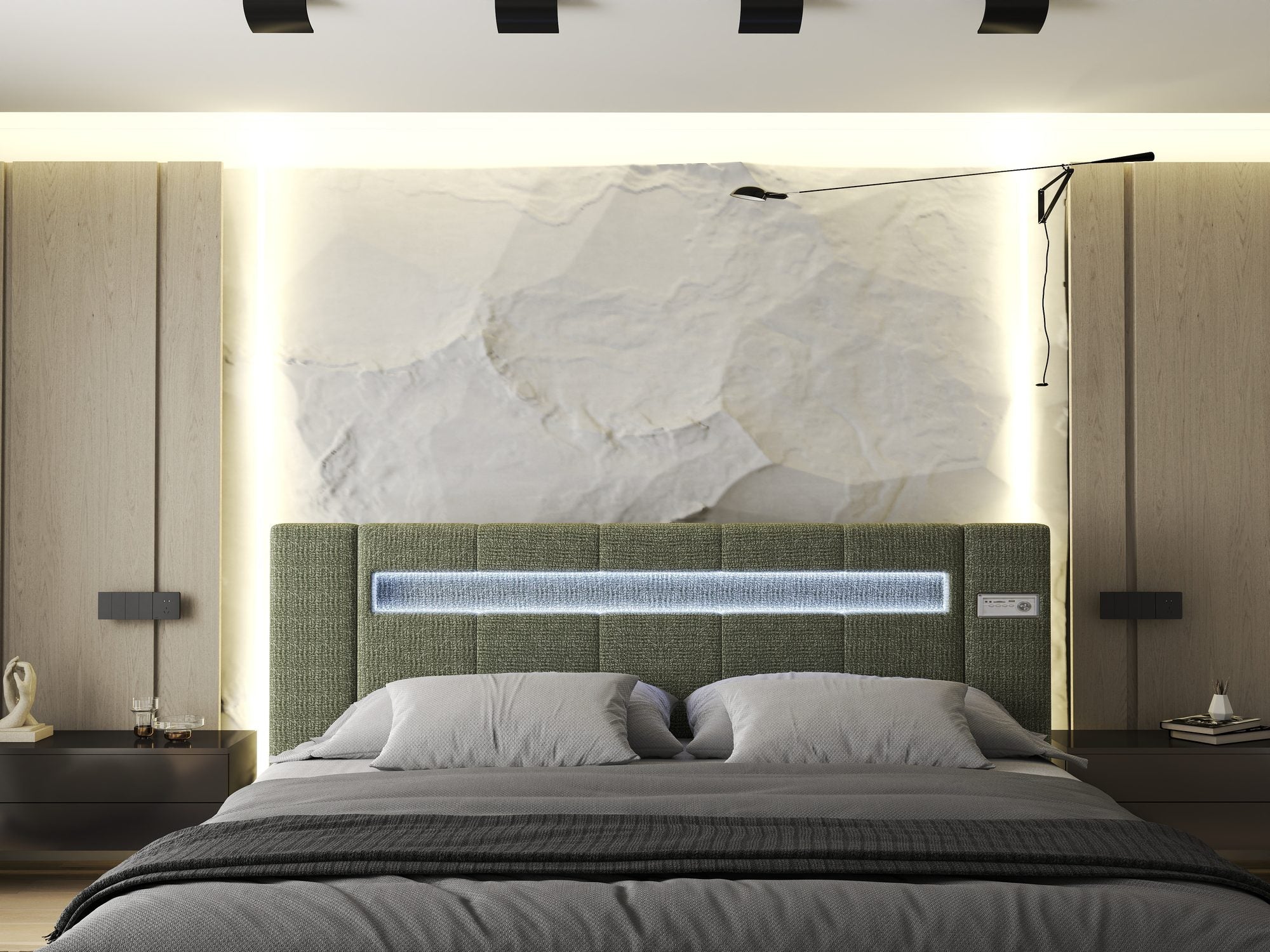 Pat dormitor dumonde, tapitat verde, Glow 180x200 cm, somiera rabatabila inclusa, spatiu depozitare