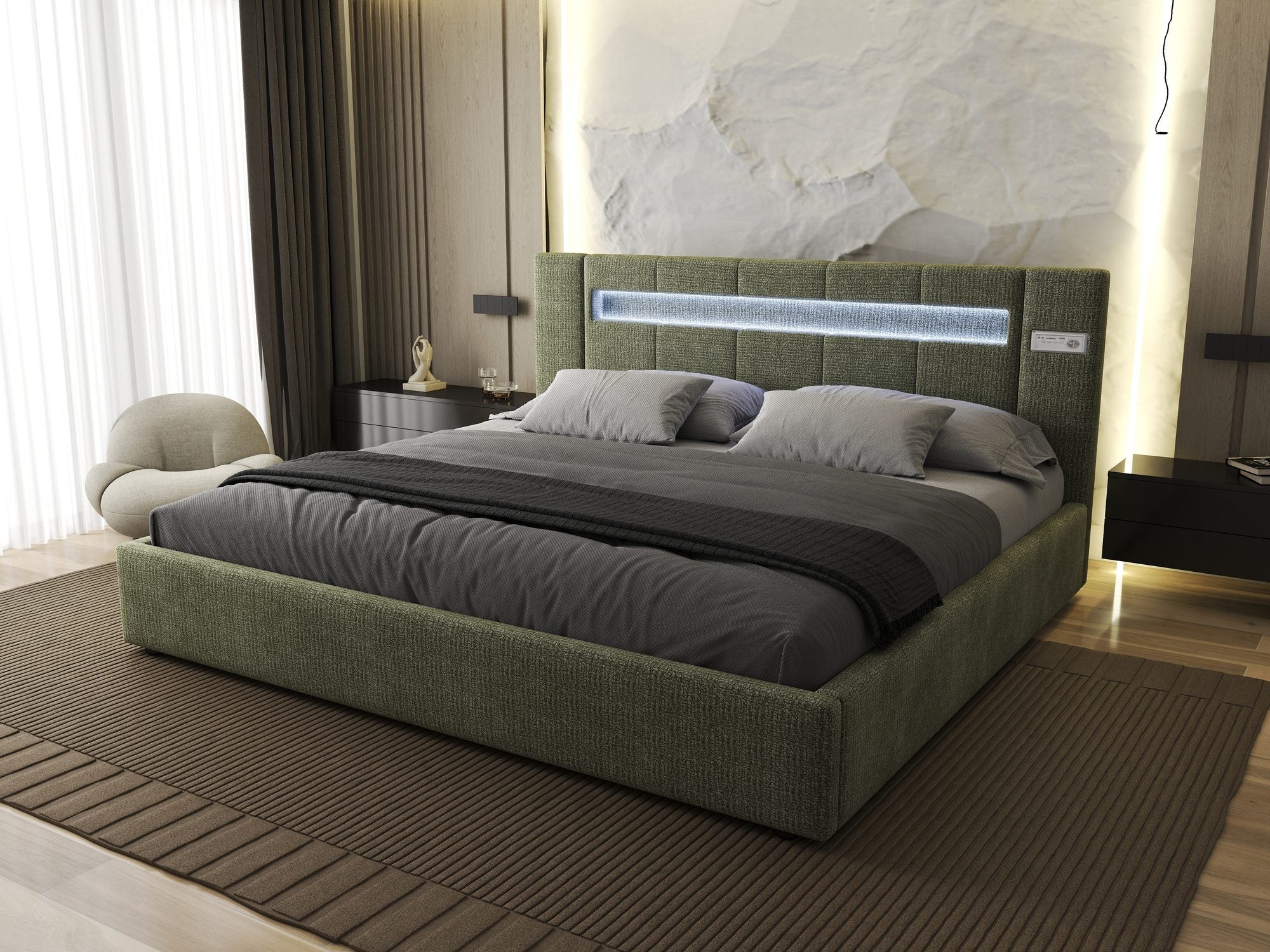 Pat dormitor dumonde, tapitat verde, Glow 180x200 cm, somiera rabatabila inclusa, spatiu depozitare