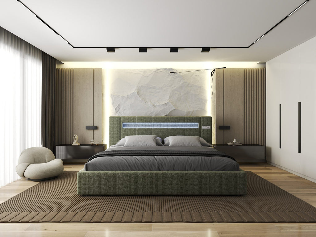 Pat dormitor dumonde, tapitat verde, Glow 180x200 cm, somiera rabatabila inclusa, spatiu depozitare