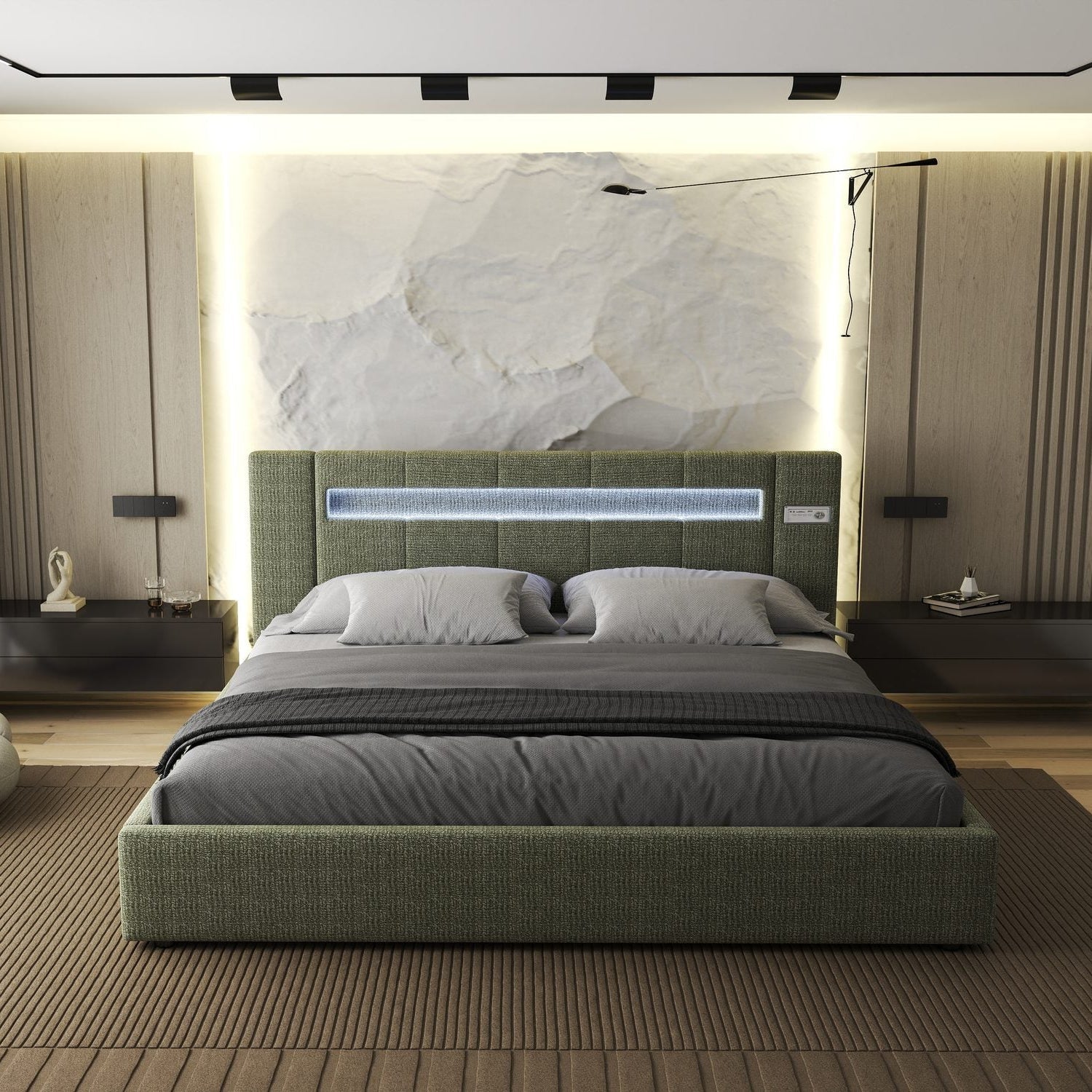 Pat dormitor dumonde, tapitat verde, Glow 180x200 cm, somiera rabatabila inclusa, spatiu depozitare