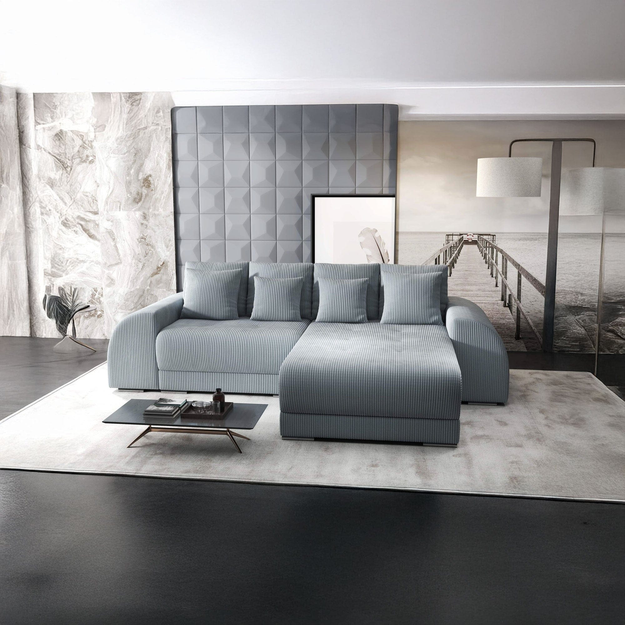 Colțar extensibil dumonde cu ladă de depozitare si sezut confortabil din spuma high-density, Verona Zoom Gri II 290x185 cm
