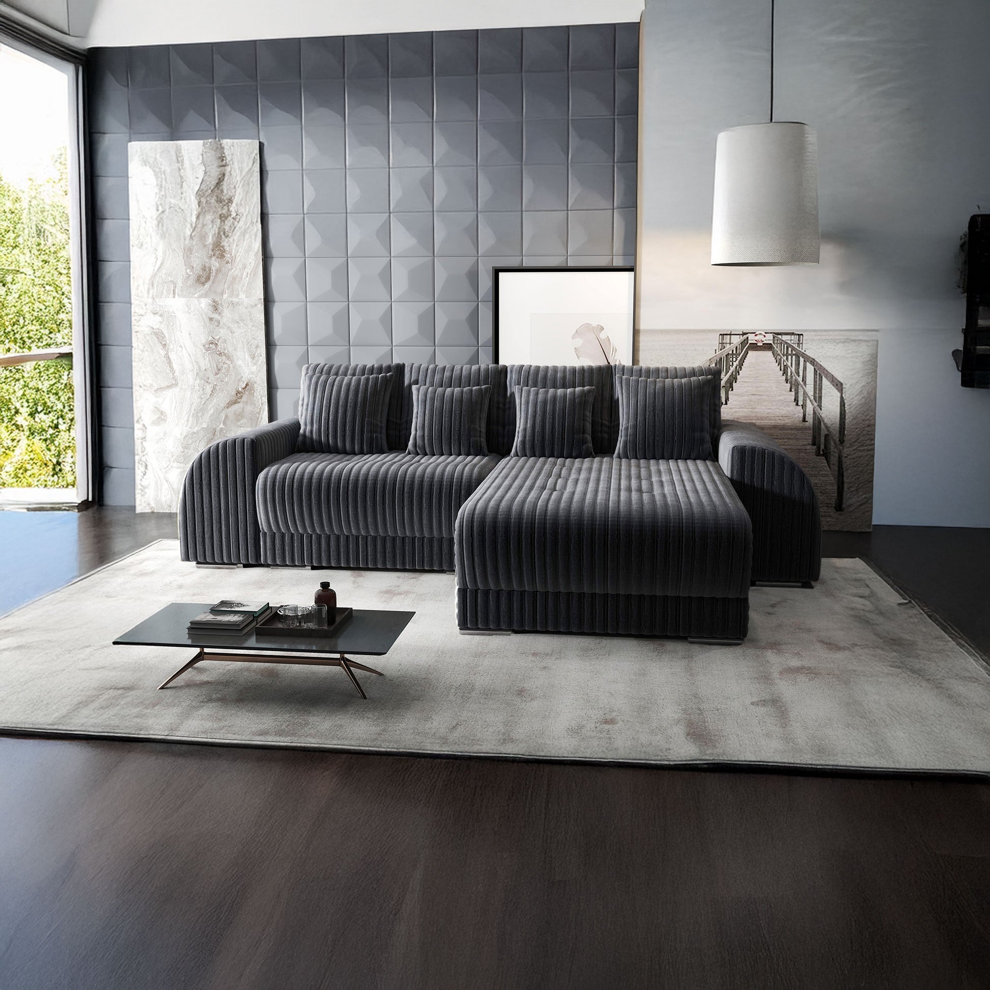 Colțar extensibil dumonde cu ladă de depozitare si sezut confortabil din spuma high-density, Verona Ambience Gri II 290x185 cm