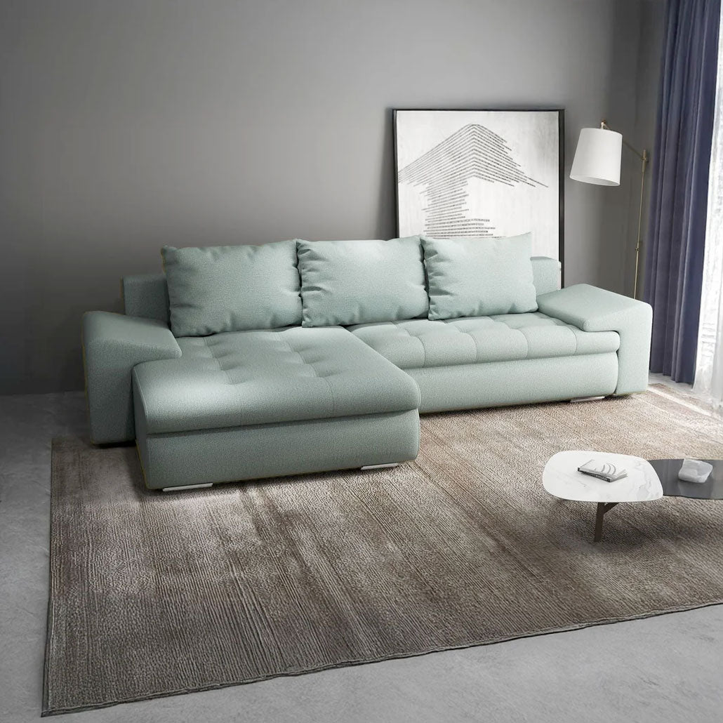 Colțar extensibil dumonde cu ladă de depozitare si sezut confortabil din spuma high-density, Leonardo Enjoy Mint 260x185 cm