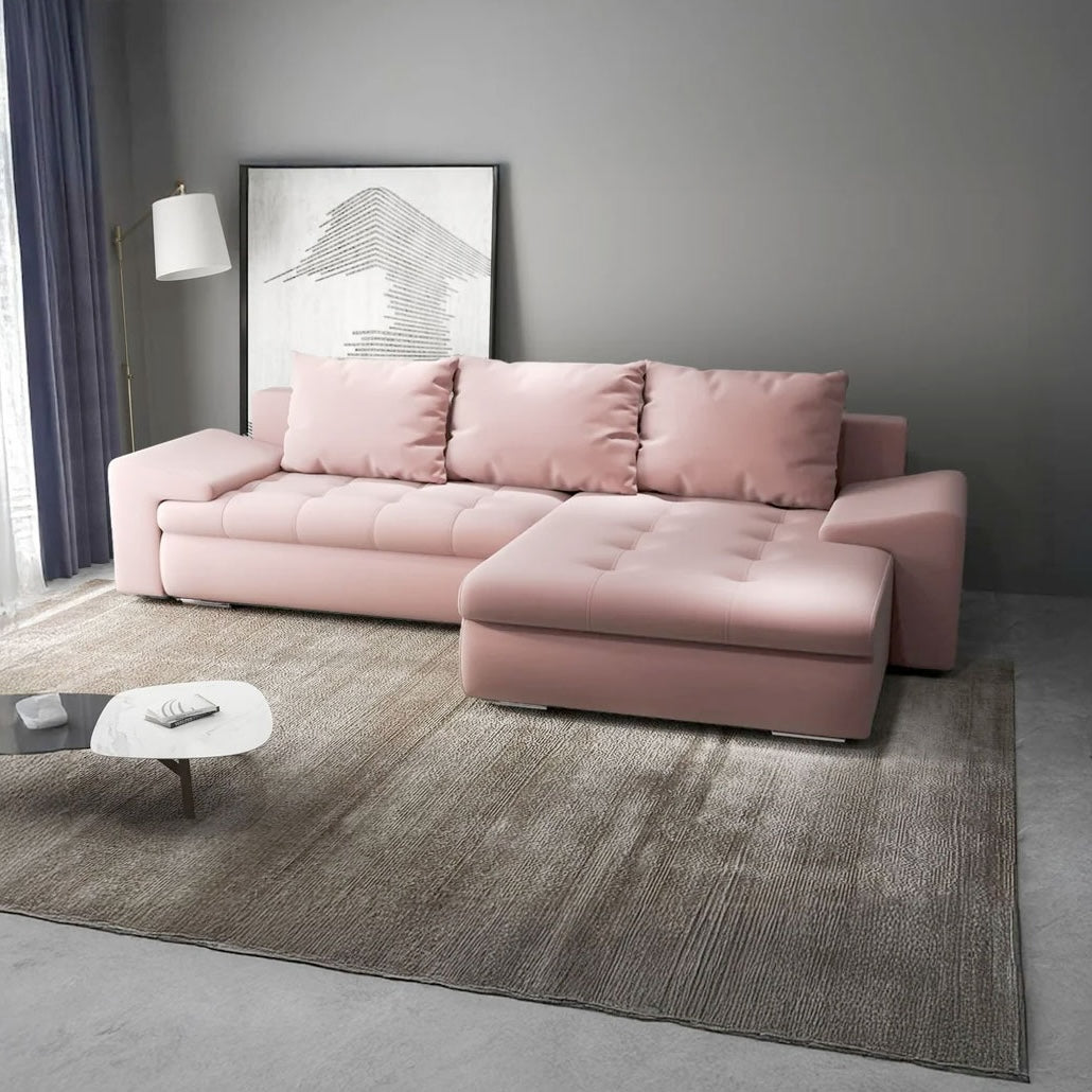 Colțar extensibil dumonde cu ladă de depozitare si sezut confortabil din spuma high-density, Leonardo Royal Roz 260x185 cm II