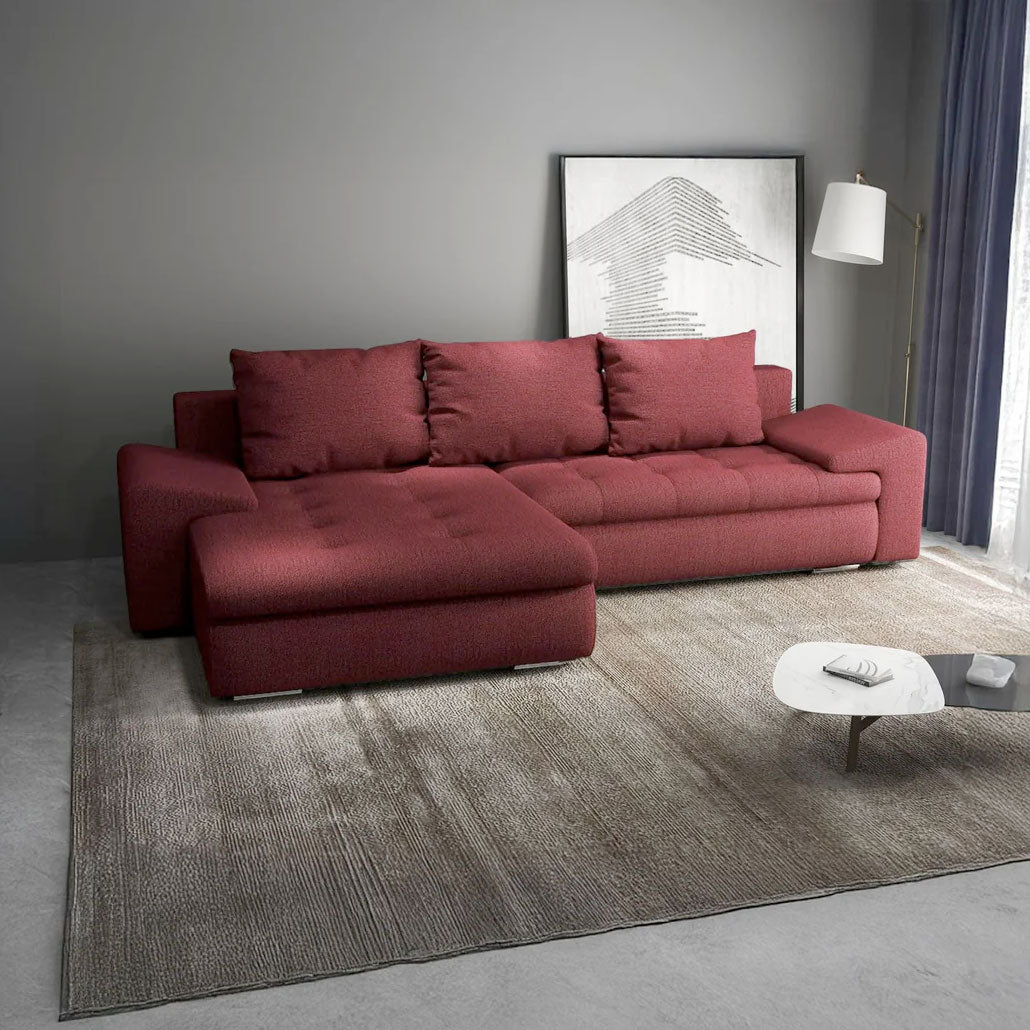 Colțar extensibil dumonde cu ladă de depozitare si sezut confortabil din spuma high-density, Leonardo Enjoy Rosu 260x185 cm