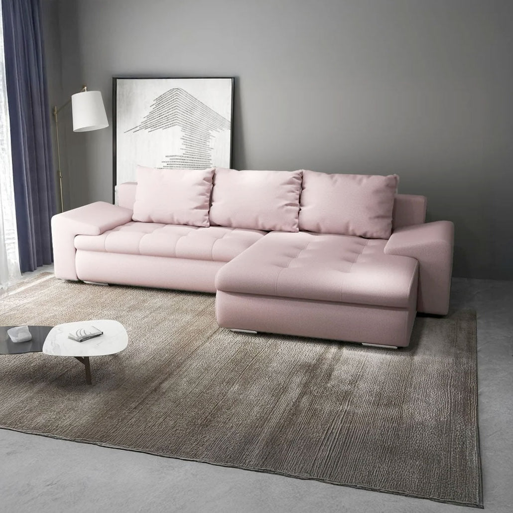Colțar extensibil dumonde cu ladă de depozitare si sezut confortabil din spuma high-density, Leonardo Enjoy Roz 260x185 cm II