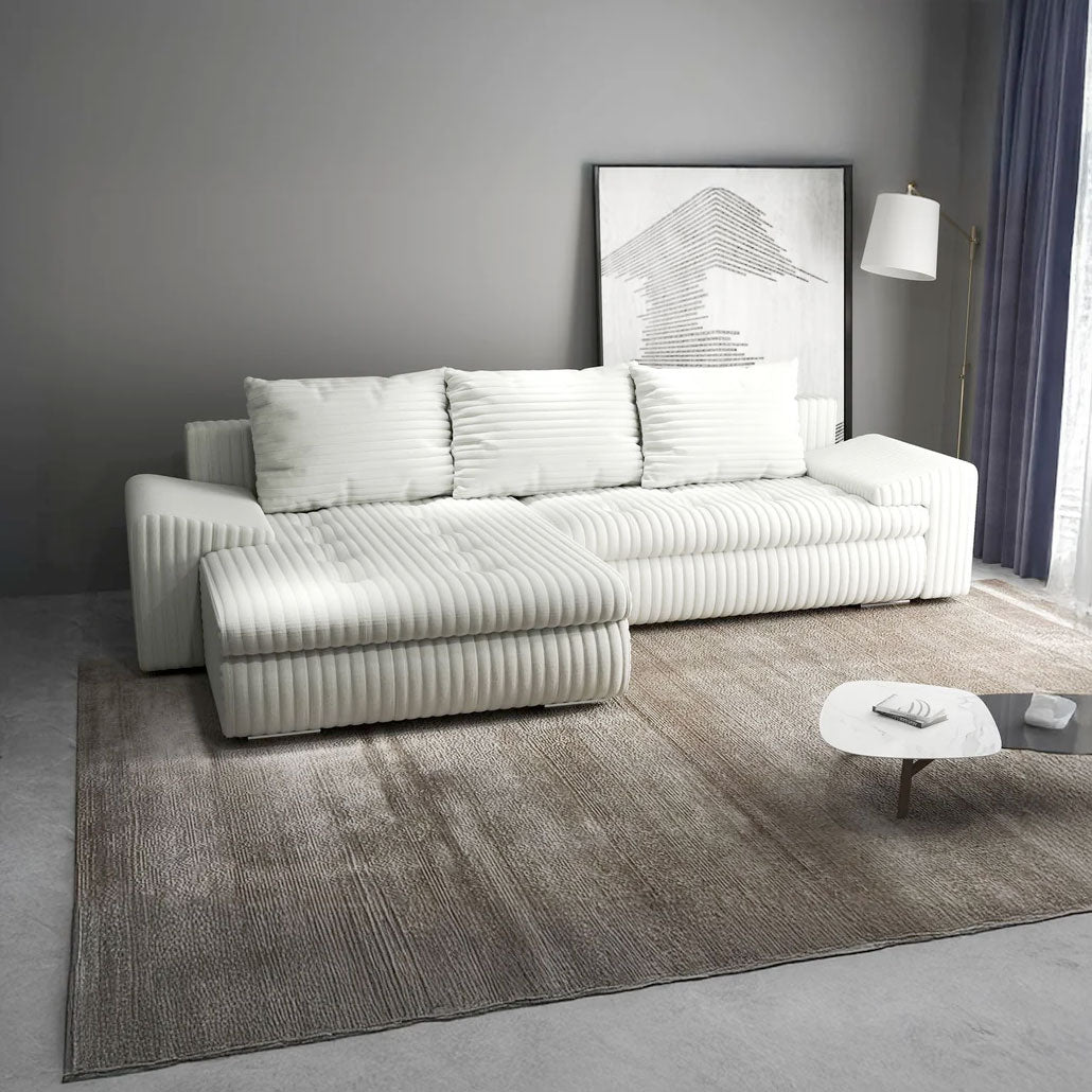 Colțar extensibil dumonde cu ladă de depozitare si sezut confortabil din spuma high-density, Leonardo Ambience Ivory 260x185 cm