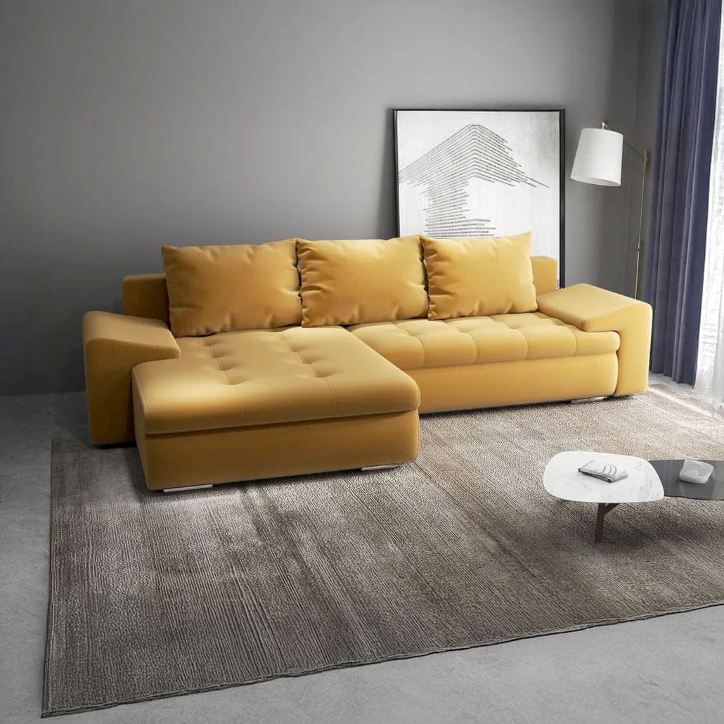 Colțar extensibil dumonde cu ladă de depozitare si sezut confortabil din spuma high-density, Leonardo Royal Mustar 260x185 cm