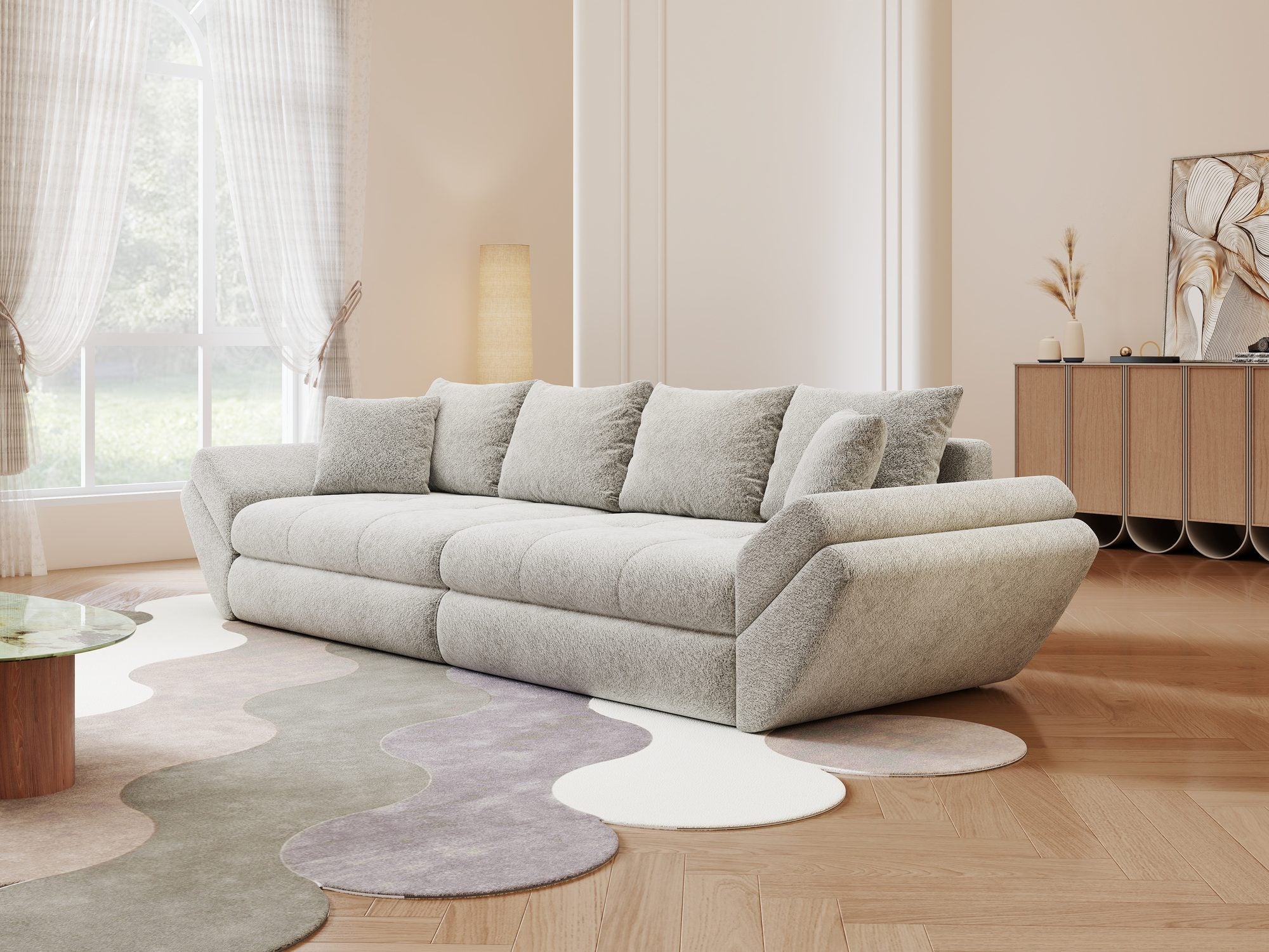Canapea extensibilă dumonde cu ladă de depozitare si sezut confortabil din spuma high-density, Loana Arena Gri 300x100 cm