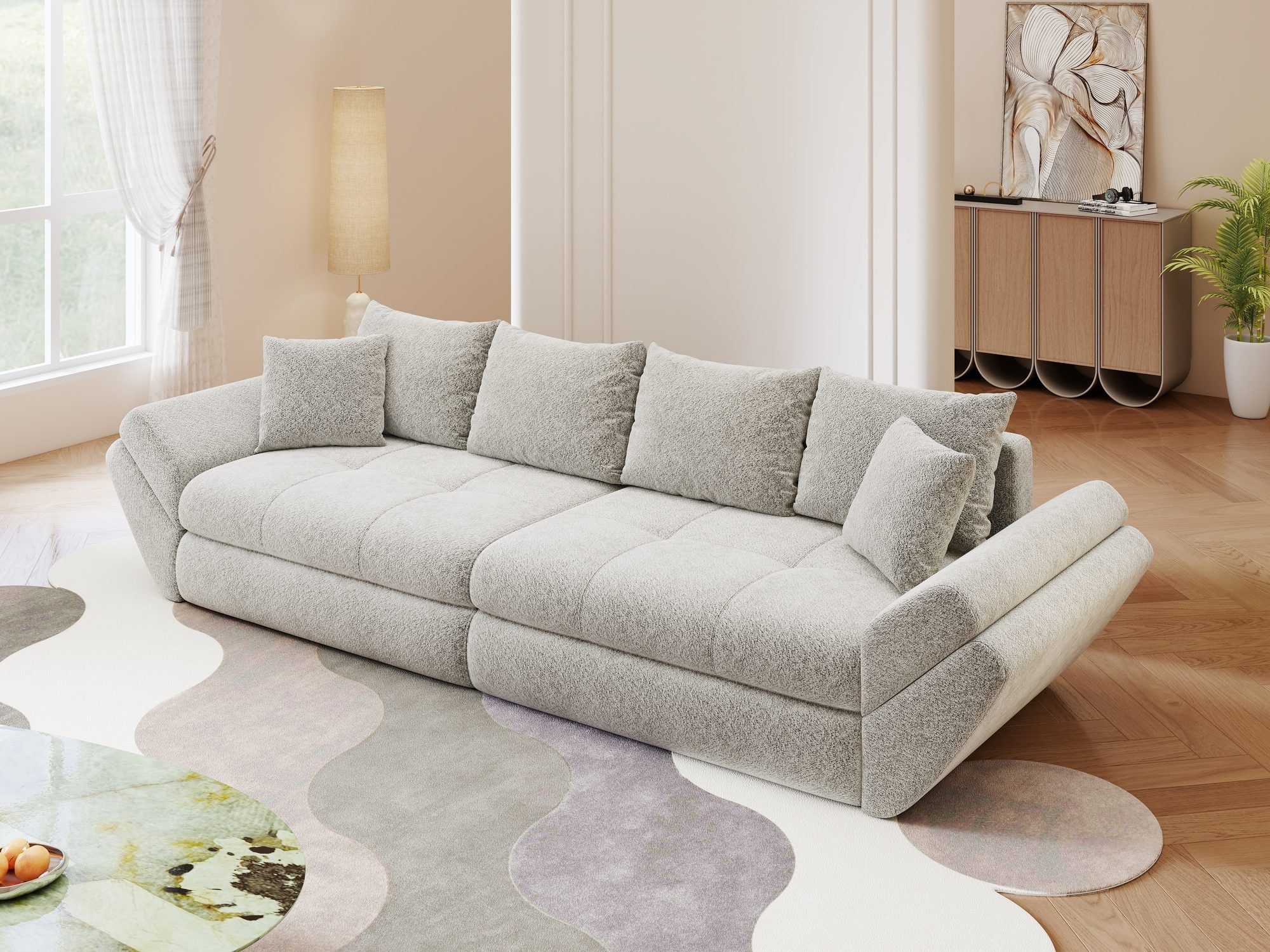 Canapea extensibilă dumonde cu ladă de depozitare si sezut confortabil din spuma high-density, Loana Arena Gri 300x100 cm
