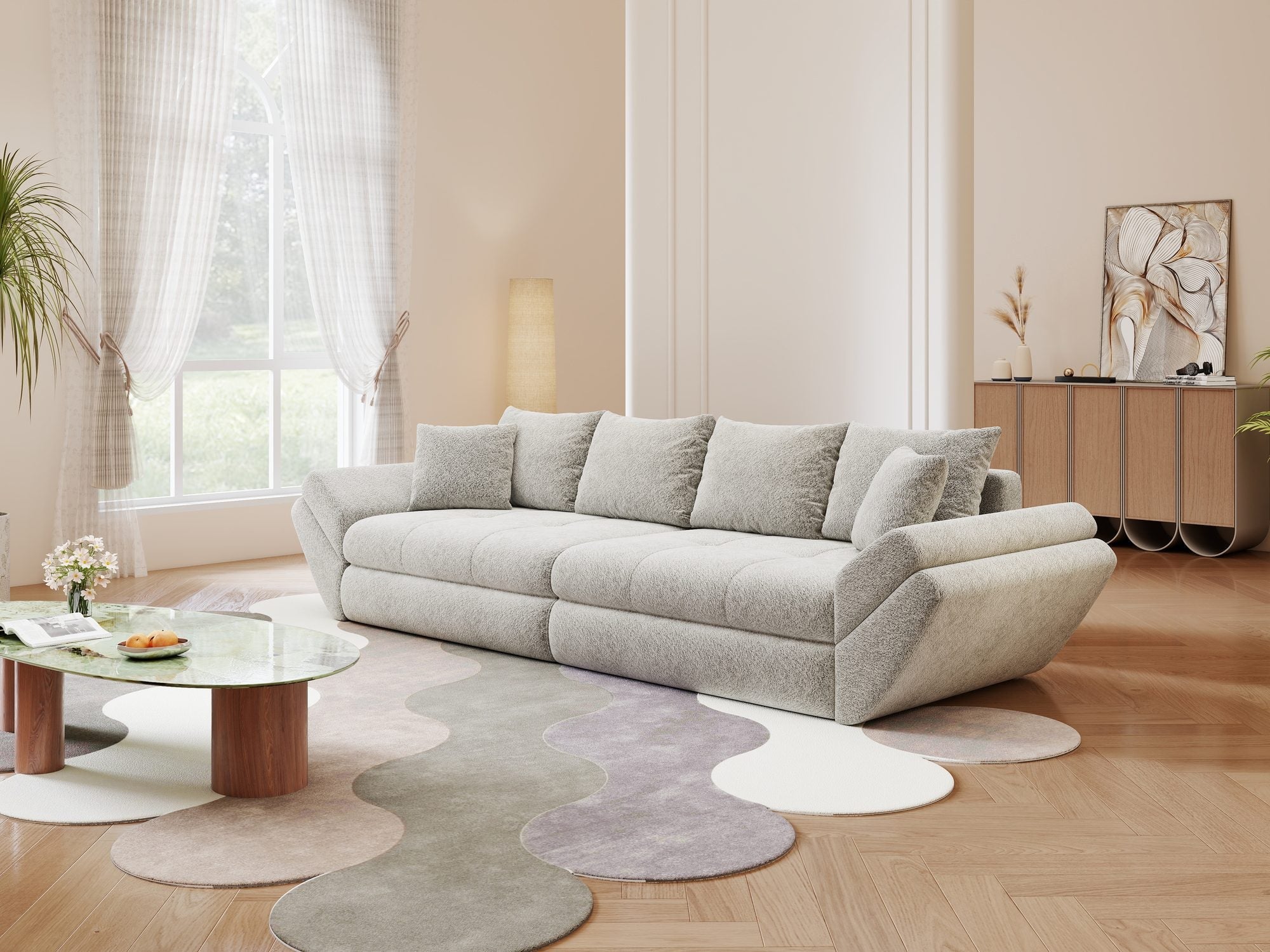 Canapea extensibilă dumonde cu ladă de depozitare si sezut confortabil din spuma high-density, Loana Arena Gri 300x100 cm