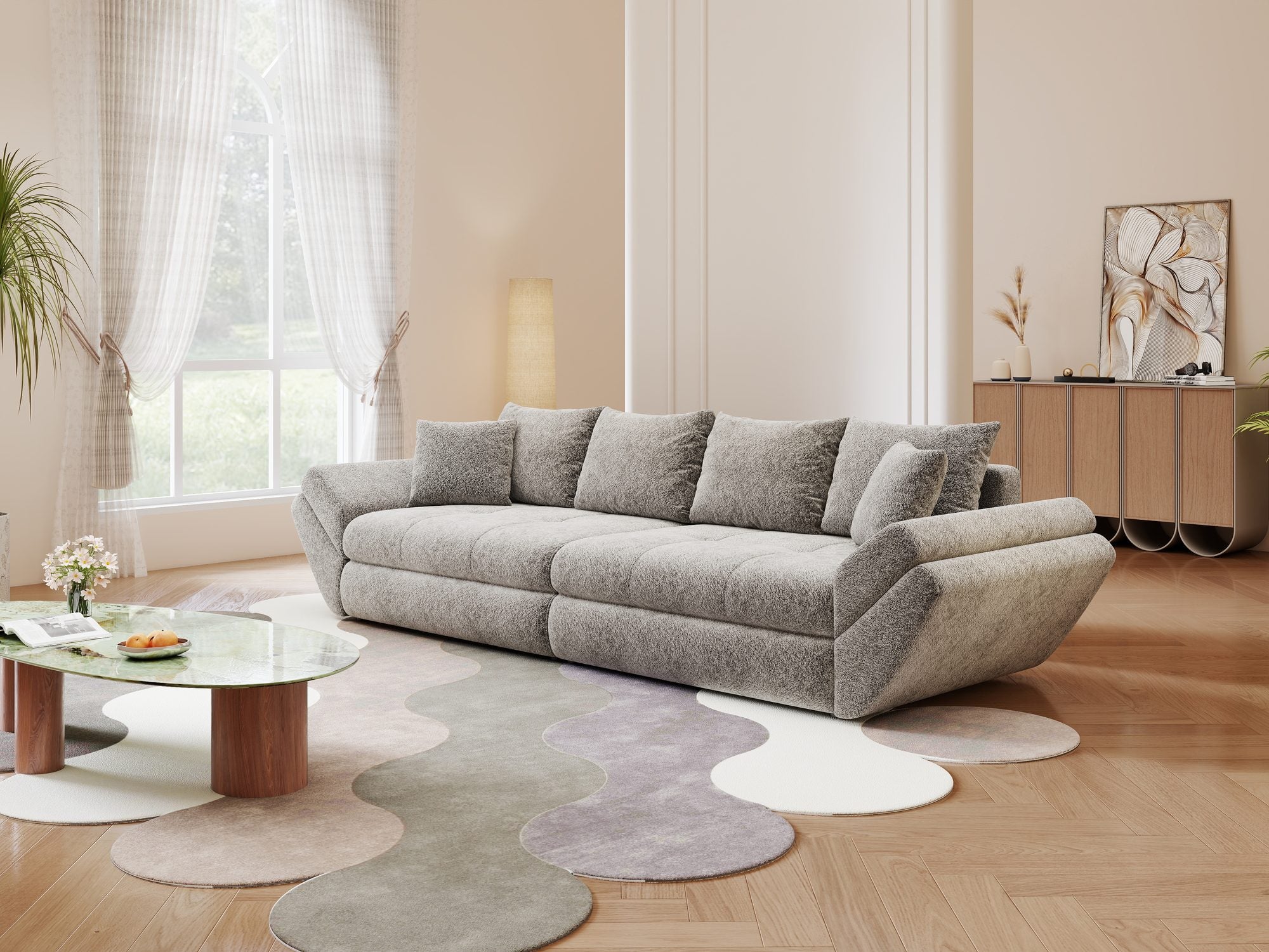 Canapea extensibilă dumonde cu ladă de depozitare si sezut confortabil din spuma high-density, Loana Arena Gri grafit 300x100 cm