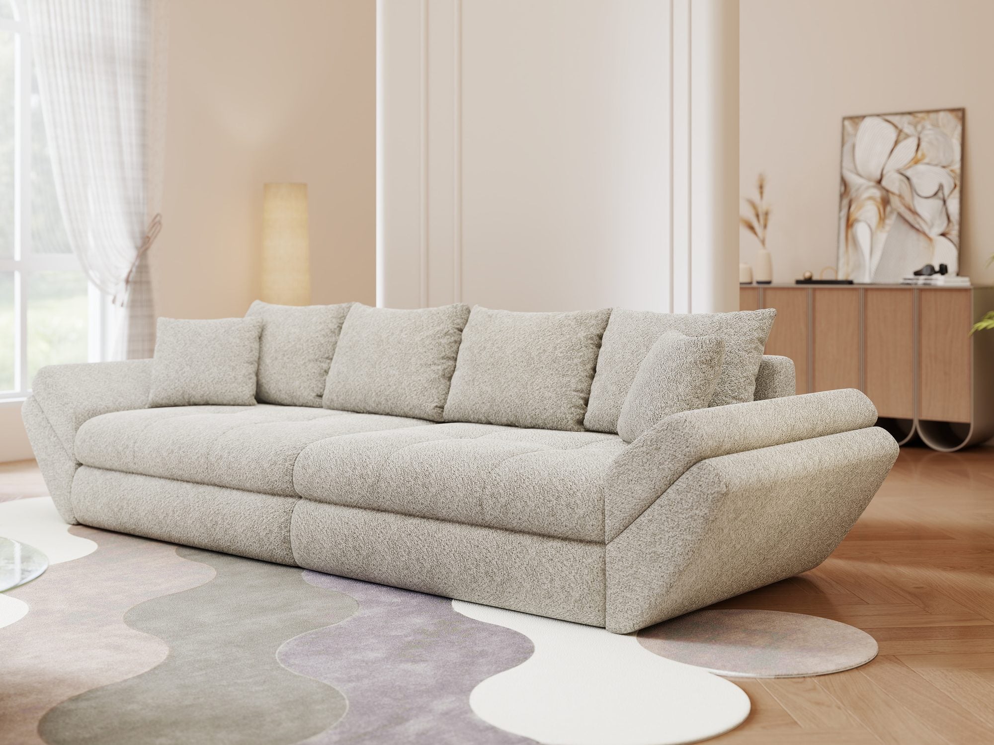 Canapea extensibilă dumonde cu ladă de depozitare si sezut confortabil din spuma high-density, Loana Arena Bej 300x100 cm