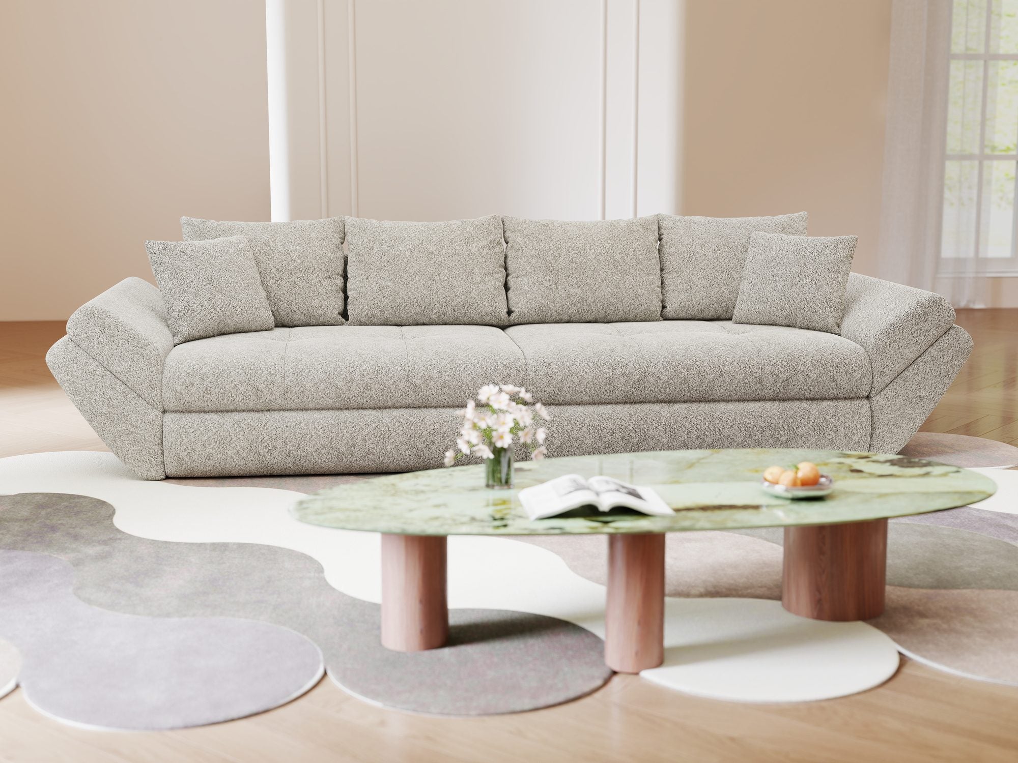 Canapea extensibilă dumonde cu ladă de depozitare si sezut confortabil din spuma high-density, Loana Arena Bej 300x100 cm