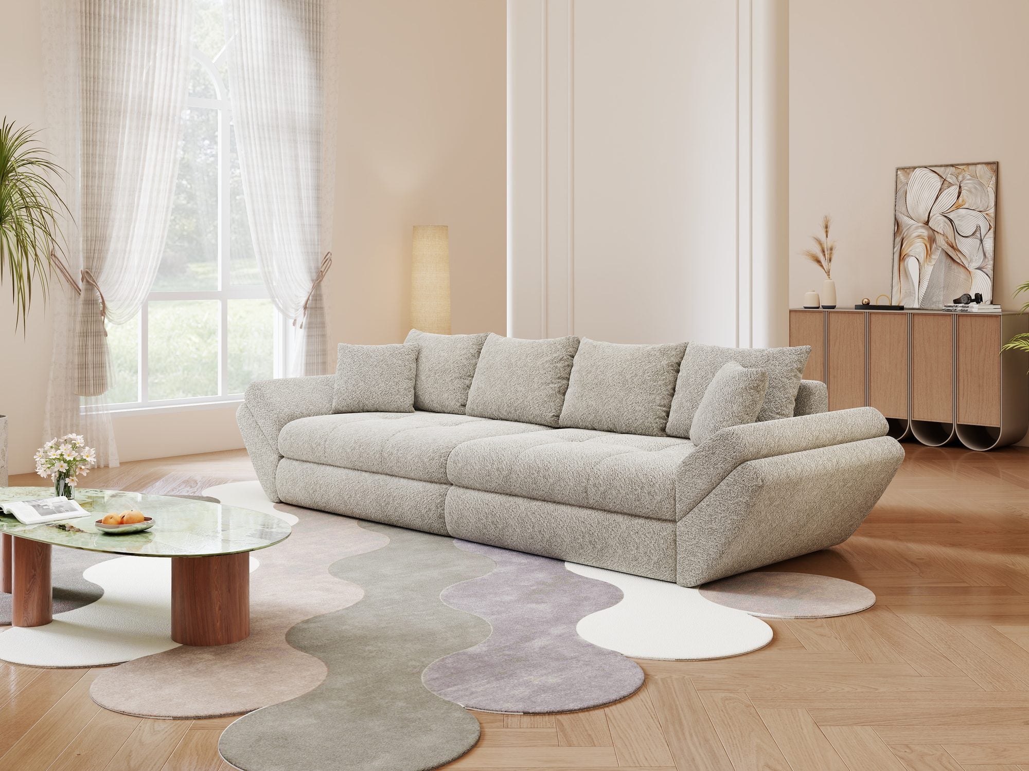 Canapea extensibilă dumonde cu ladă de depozitare si sezut confortabil din spuma high-density, Loana Arena Bej 300x100 cm