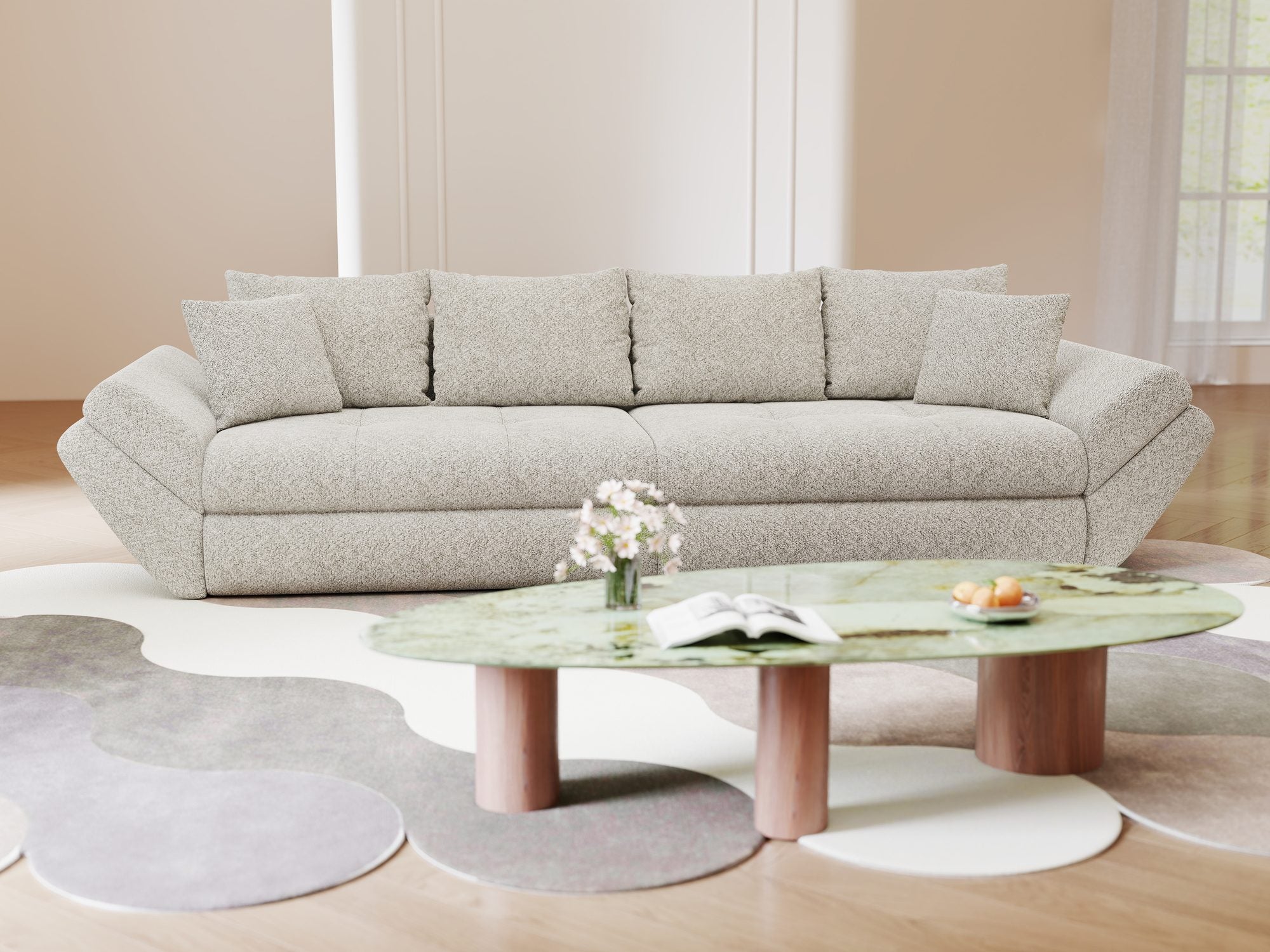 Canapea extensibilă dumonde cu ladă de depozitare si sezut confortabil din spuma high-density, Loana Arena Bej 300x100 cm