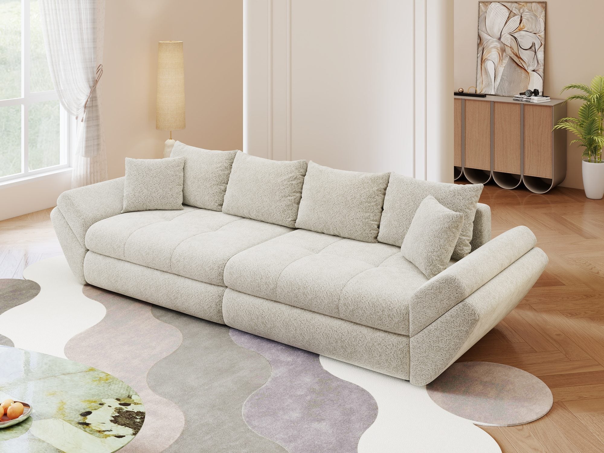 Canapea extensibilă dumonde cu ladă de depozitare si sezut confortabil din spuma high-density, Loana Arena Bej 300x100 cm