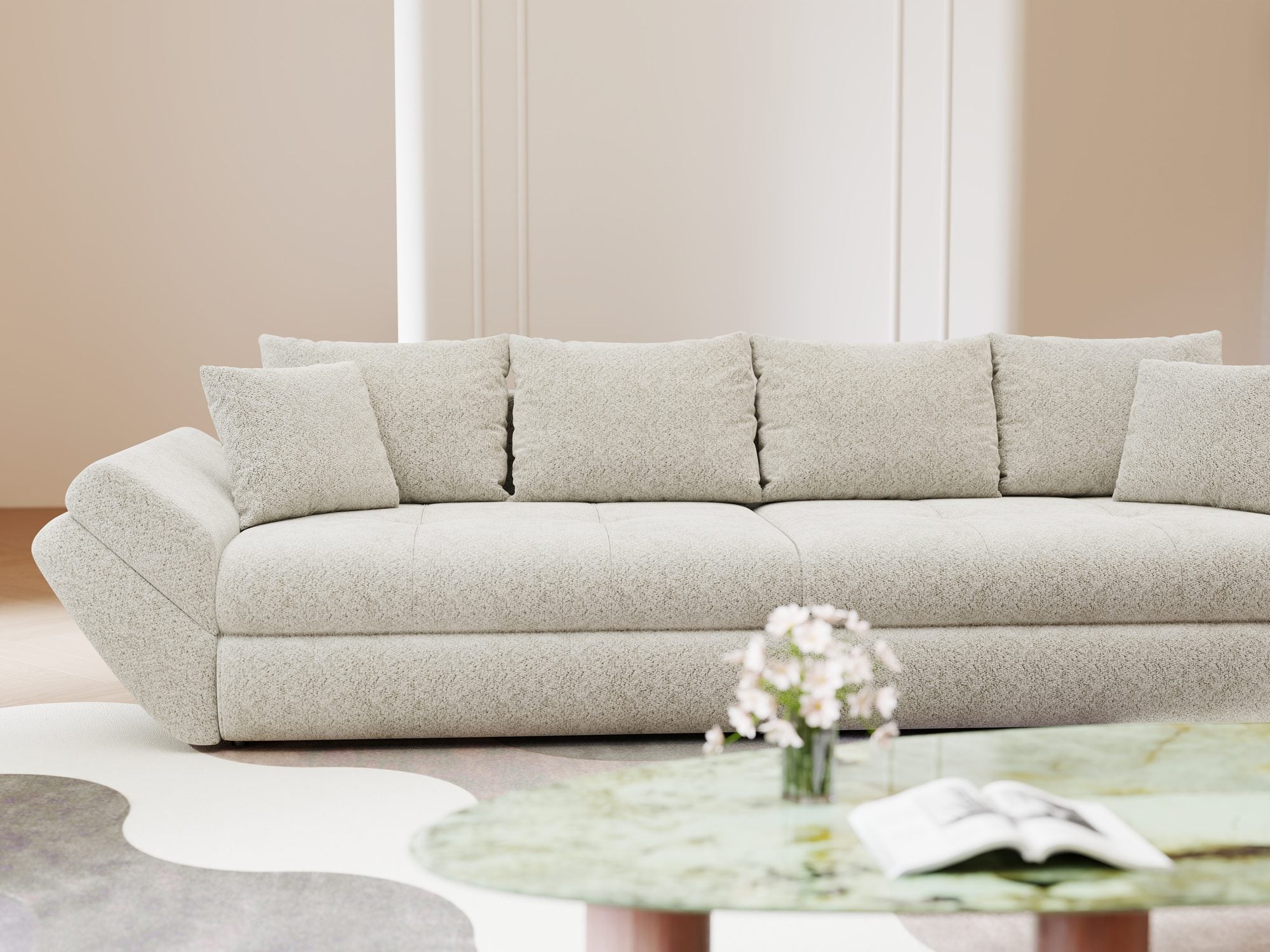 Canapea extensibilă dumonde cu ladă de depozitare si sezut confortabil din spuma high-density, Loana Arena Bej 300x100 cm