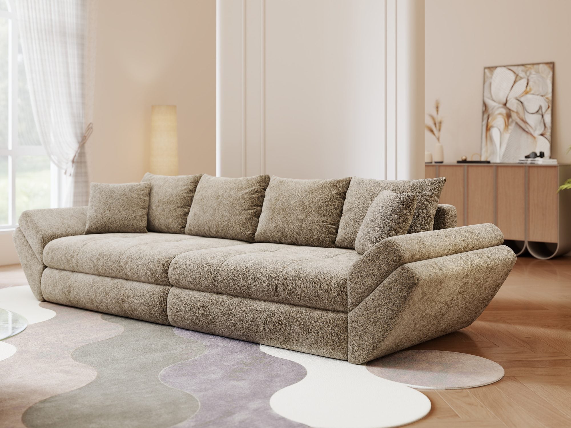 Canapea extensibilă dumonde cu ladă de depozitare si sezut confortabil din spuma high-density, Loana Arena Bej 300x100 cm
