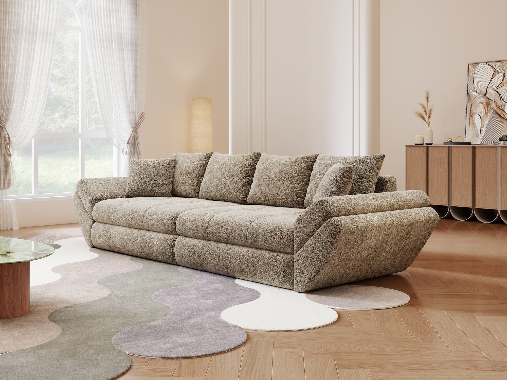 Canapea extensibilă dumonde cu ladă de depozitare si sezut confortabil din spuma high-density, Loana Arena Bej 300x100 cm