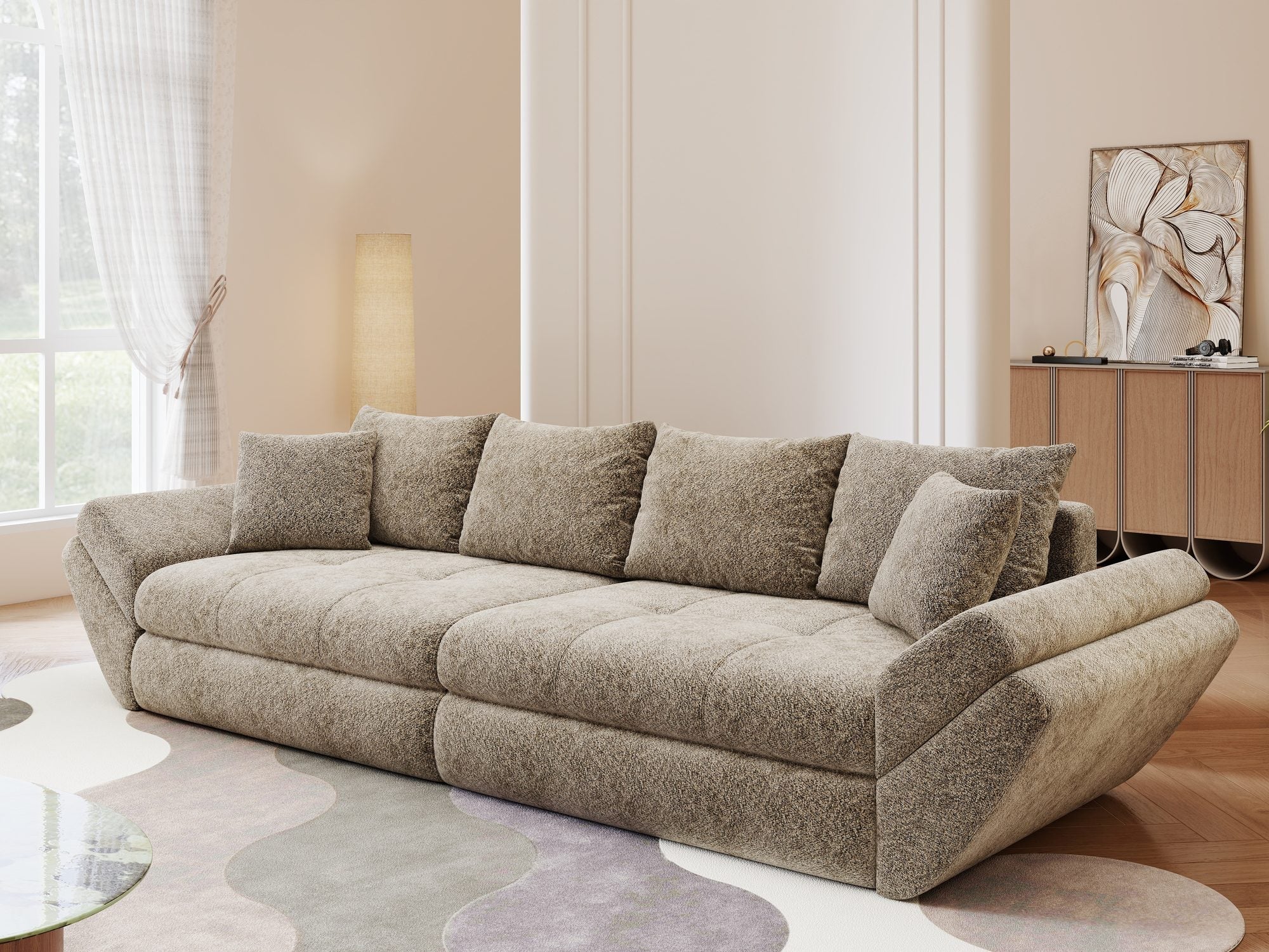 Canapea extensibilă dumonde cu ladă de depozitare si sezut confortabil din spuma high-density, Loana Arena Bej 300x100 cm