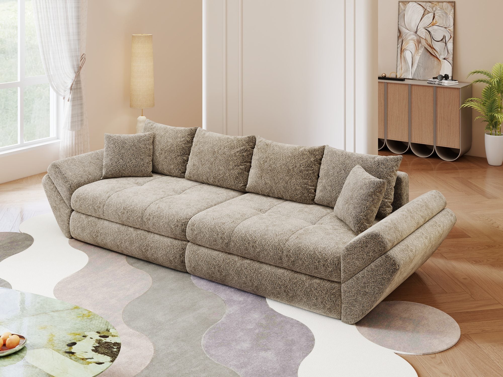 Canapea extensibilă dumonde cu ladă de depozitare si sezut confortabil din spuma high-density, Loana Arena Bej 300x100 cm