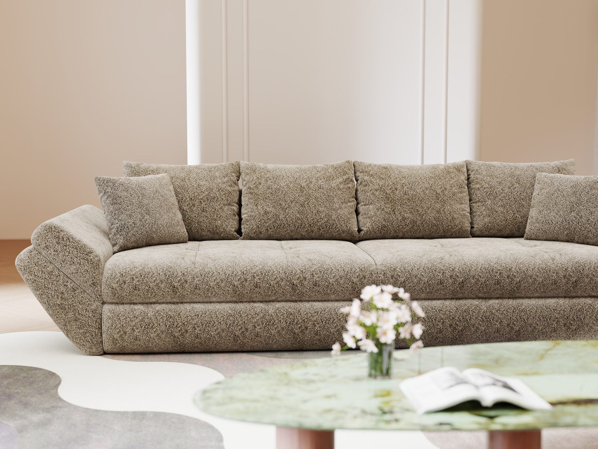 Canapea extensibilă dumonde cu ladă de depozitare si sezut confortabil din spuma high-density, Loana Arena Bej 300x100 cm