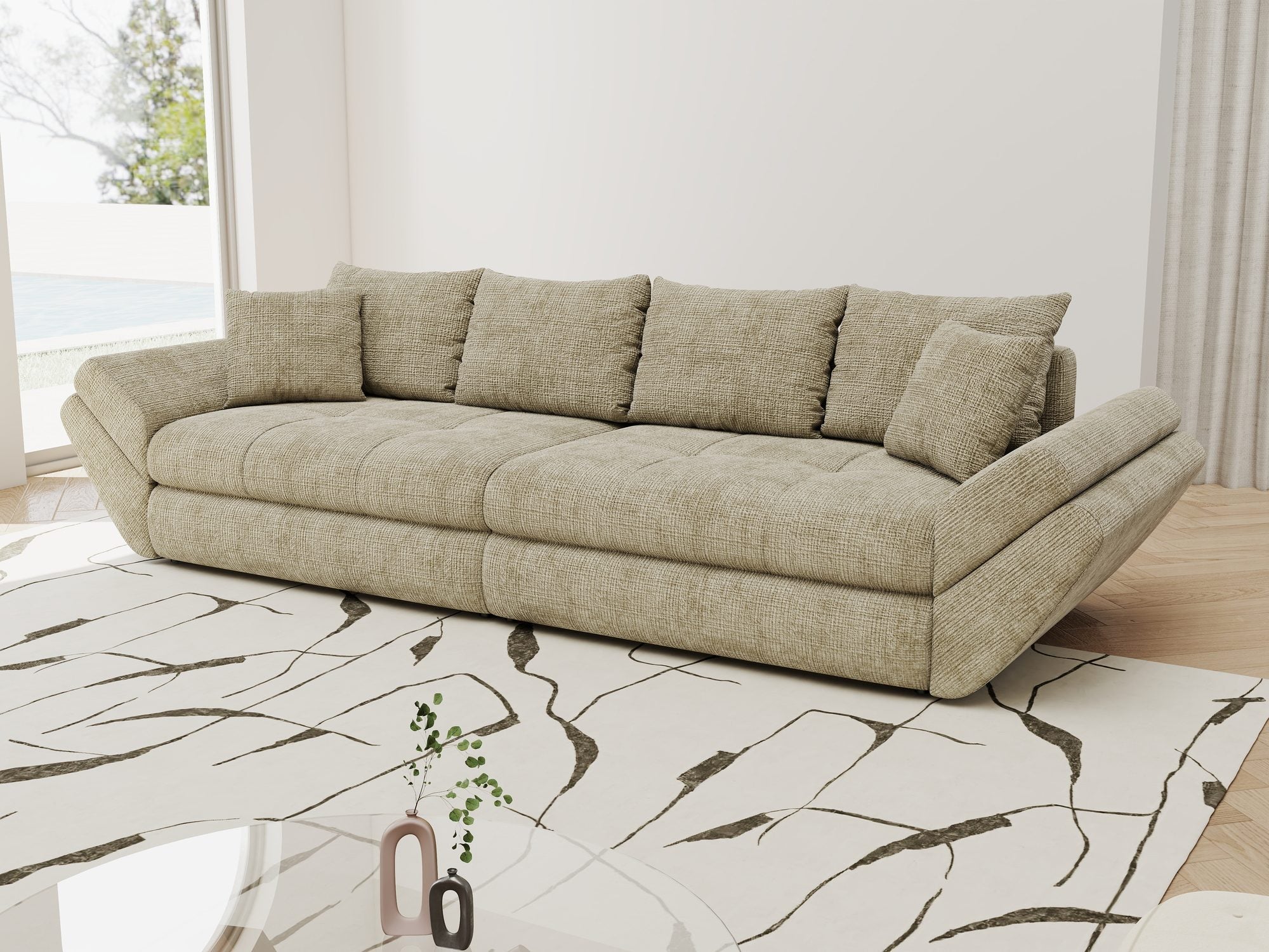 Canapea extensibilă dumonde cu ladă de depozitare si sezut confortabil din spuma high-density, Loana Cremona Bej 300x100 cm