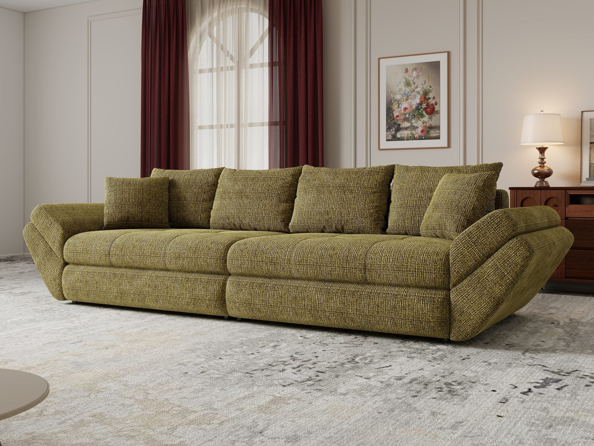 Canapea extensibilă dumonde cu ladă de depozitare si sezut confortabil din spuma high-density, Loana Cremona Olive 300x100 cm