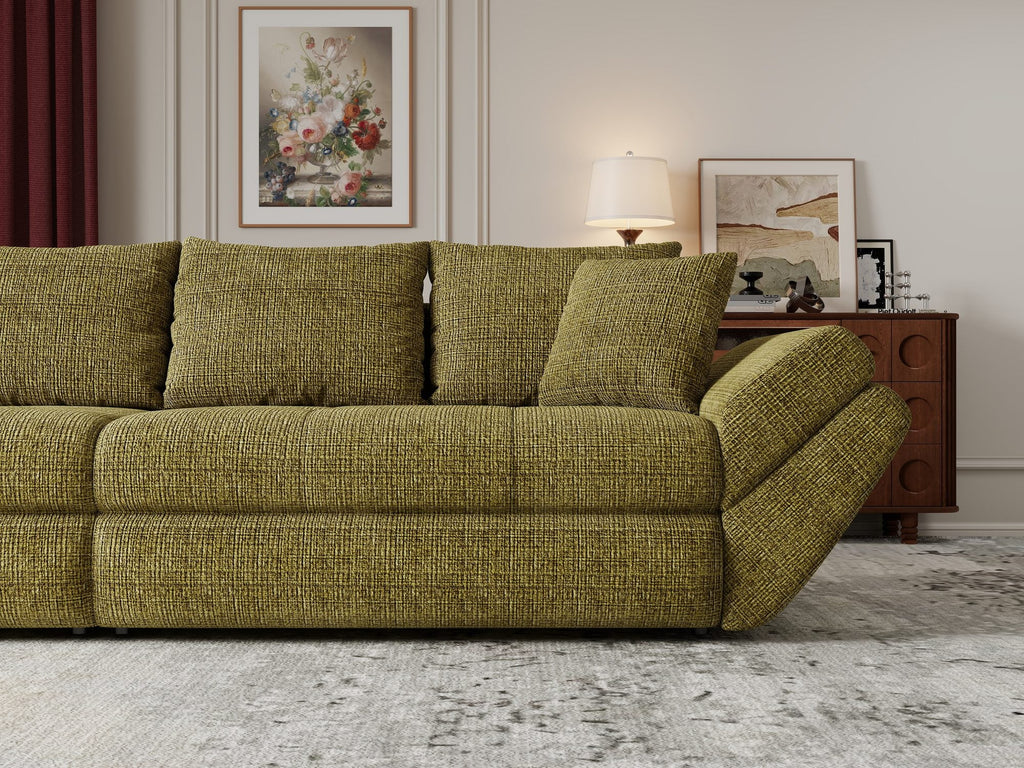 Canapea extensibilă dumonde cu ladă de depozitare si sezut confortabil din spuma high-density, Loana Cremona Olive 300x100 cm