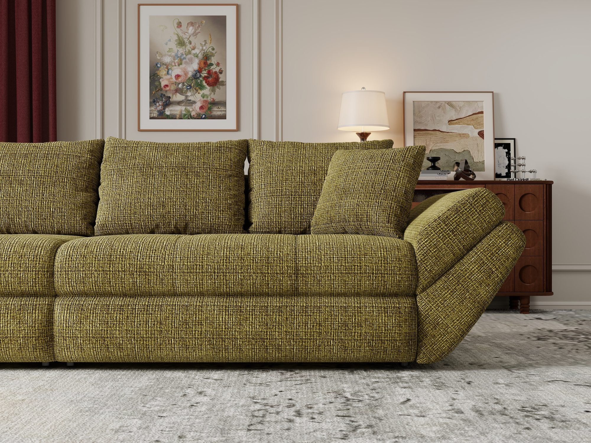 Canapea extensibilă dumonde cu ladă de depozitare si sezut confortabil din spuma high-density, Loana Cremona Olive 300x100 cm