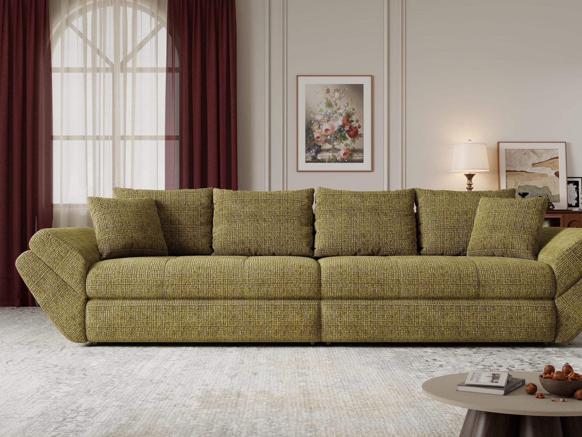 Canapea extensibilă dumonde cu ladă de depozitare si sezut confortabil din spuma high-density, Loana Cremona Olive 300x100 cm