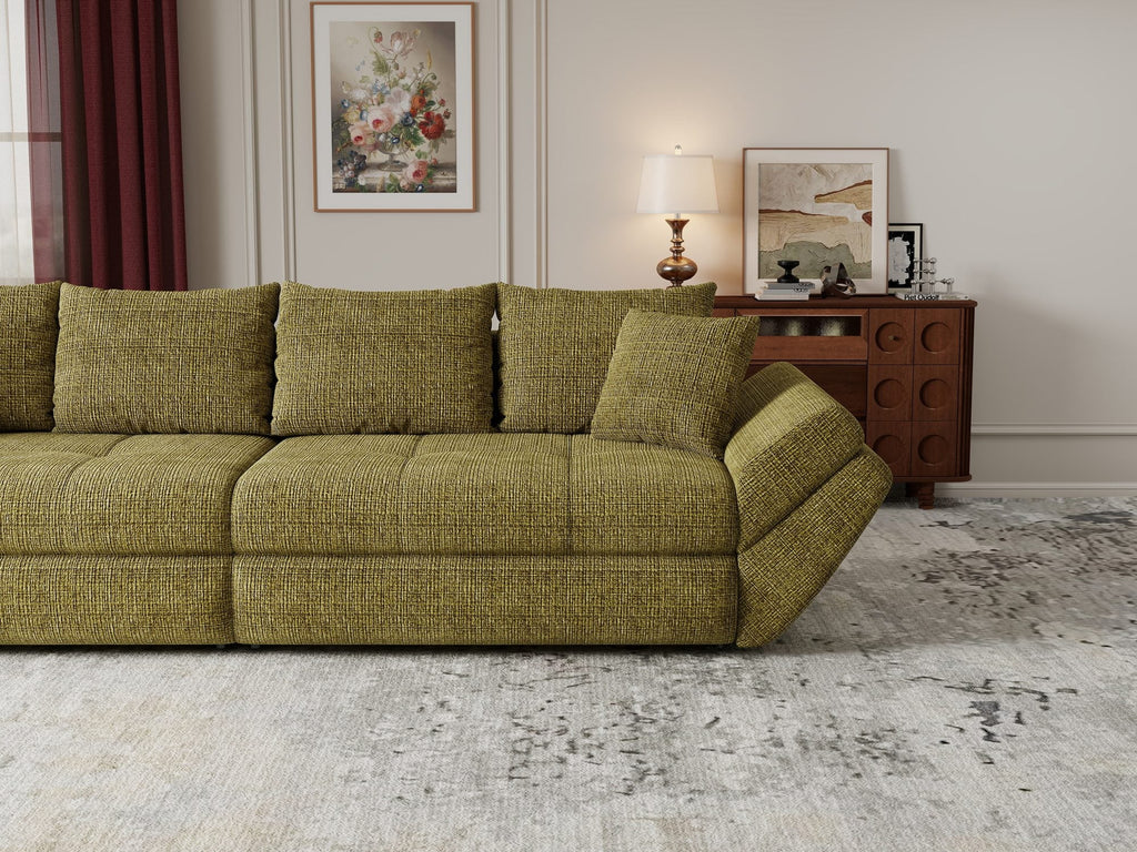 Canapea extensibilă dumonde cu ladă de depozitare si sezut confortabil din spuma high-density, Loana Cremona Olive 300x100 cm