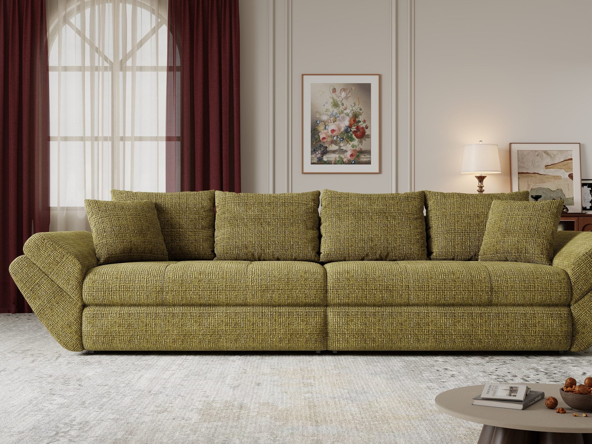 Canapea extensibilă dumonde cu ladă de depozitare si sezut confortabil din spuma high-density, Loana Cremona Olive 300x100 cm