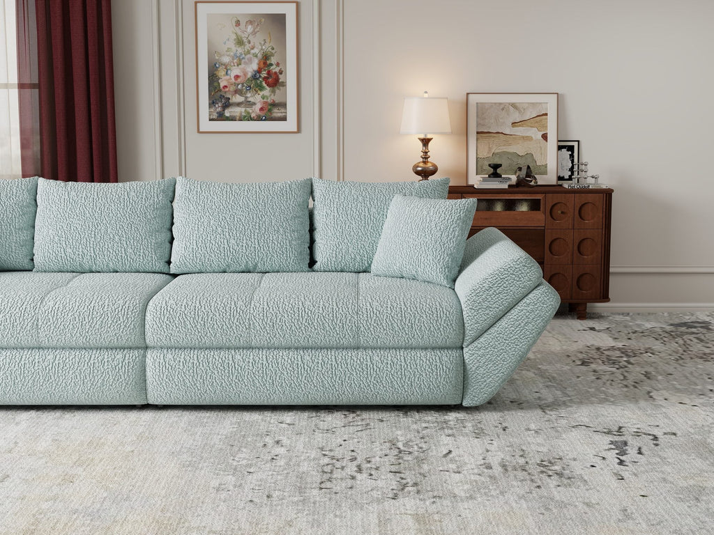Canapea extensibilă dumonde cu ladă de depozitare si sezut confortabil din spuma high-density, Loana Jaguar Verde mint 300x100 cm
