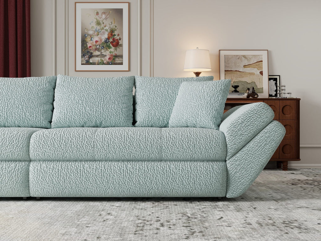 Canapea extensibilă dumonde cu ladă de depozitare si sezut confortabil din spuma high-density, Loana Jaguar Verde mint 300x100 cm