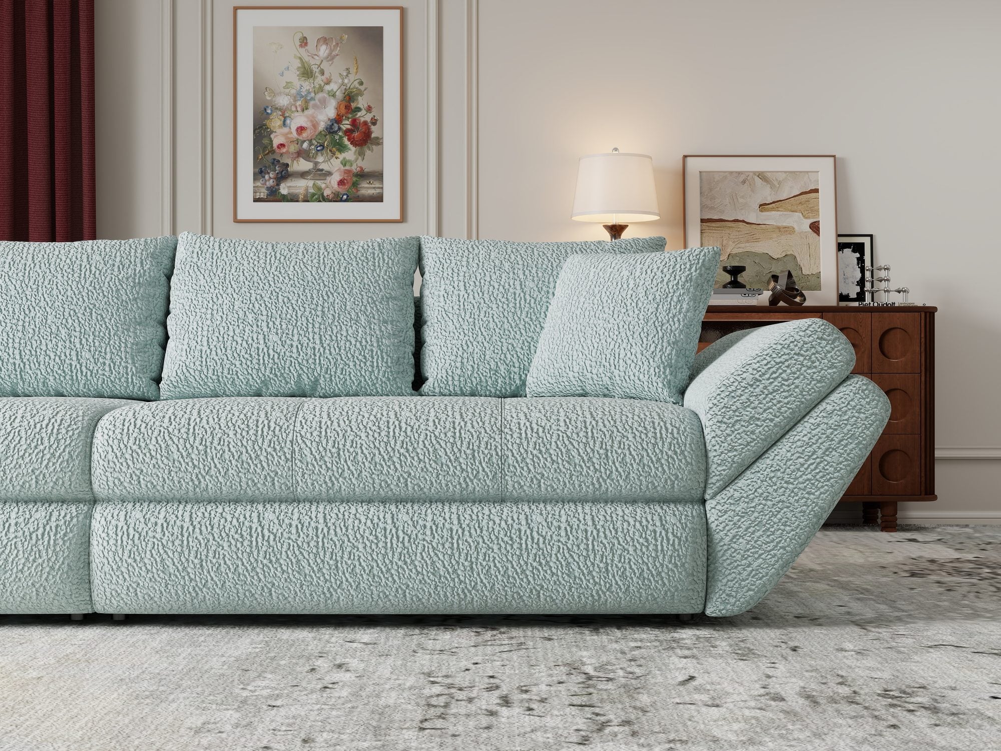 Canapea extensibilă dumonde cu ladă de depozitare si sezut confortabil din spuma high-density, Loana Jaguar Verde mint 300x100 cm