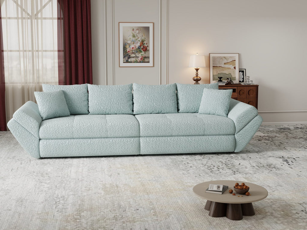 Canapea extensibilă dumonde cu ladă de depozitare si sezut confortabil din spuma high-density, Loana Jaguar Verde mint 300x100 cm