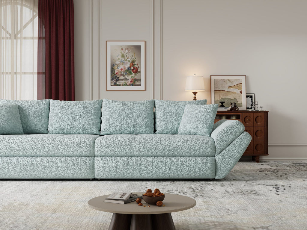 Canapea extensibilă dumonde cu ladă de depozitare si sezut confortabil din spuma high-density, Loana Jaguar Verde mint 300x100 cm