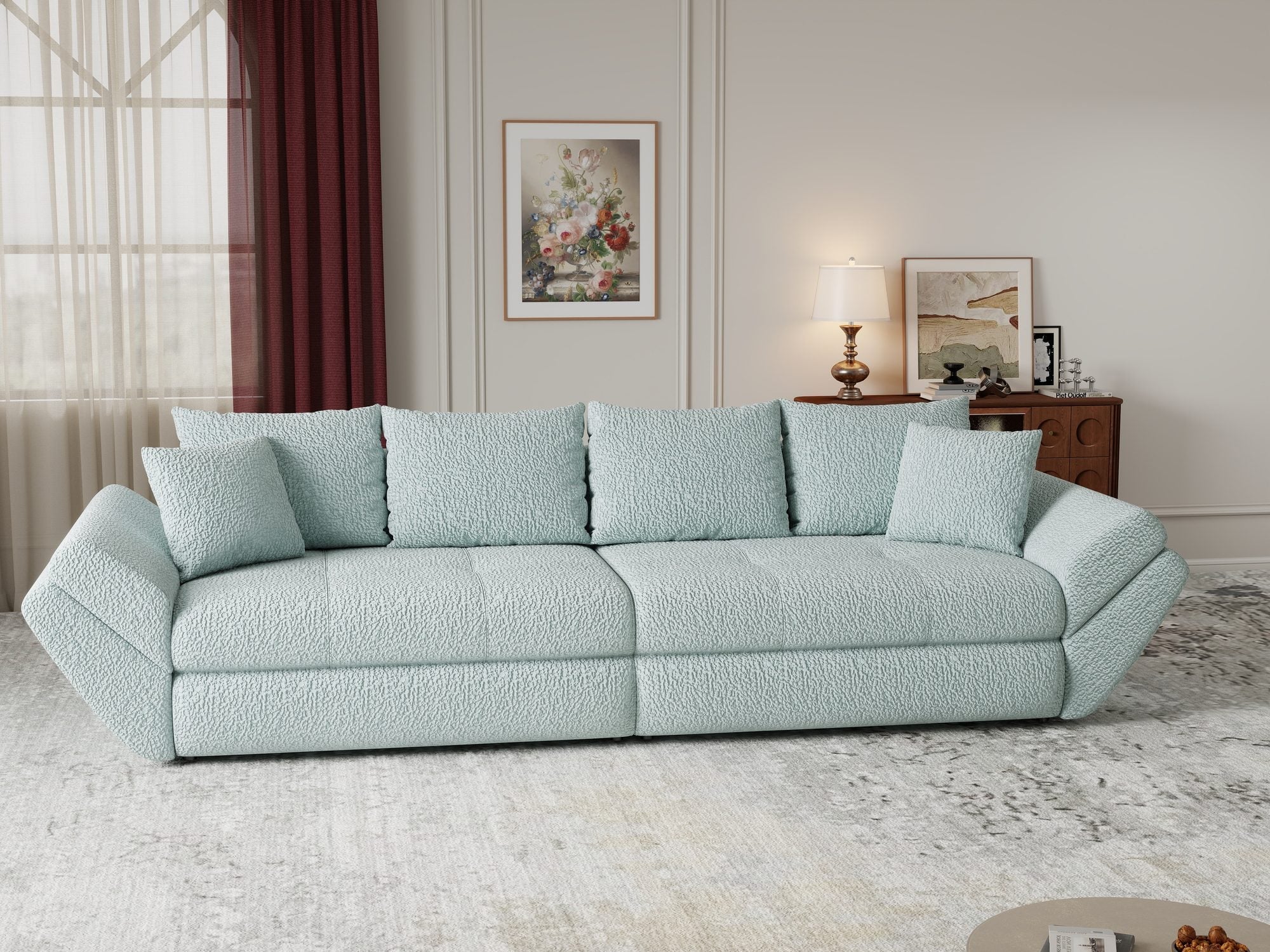 Canapea extensibilă dumonde cu ladă de depozitare si sezut confortabil din spuma high-density, Loana Jaguar Verde mint 300x100 cm