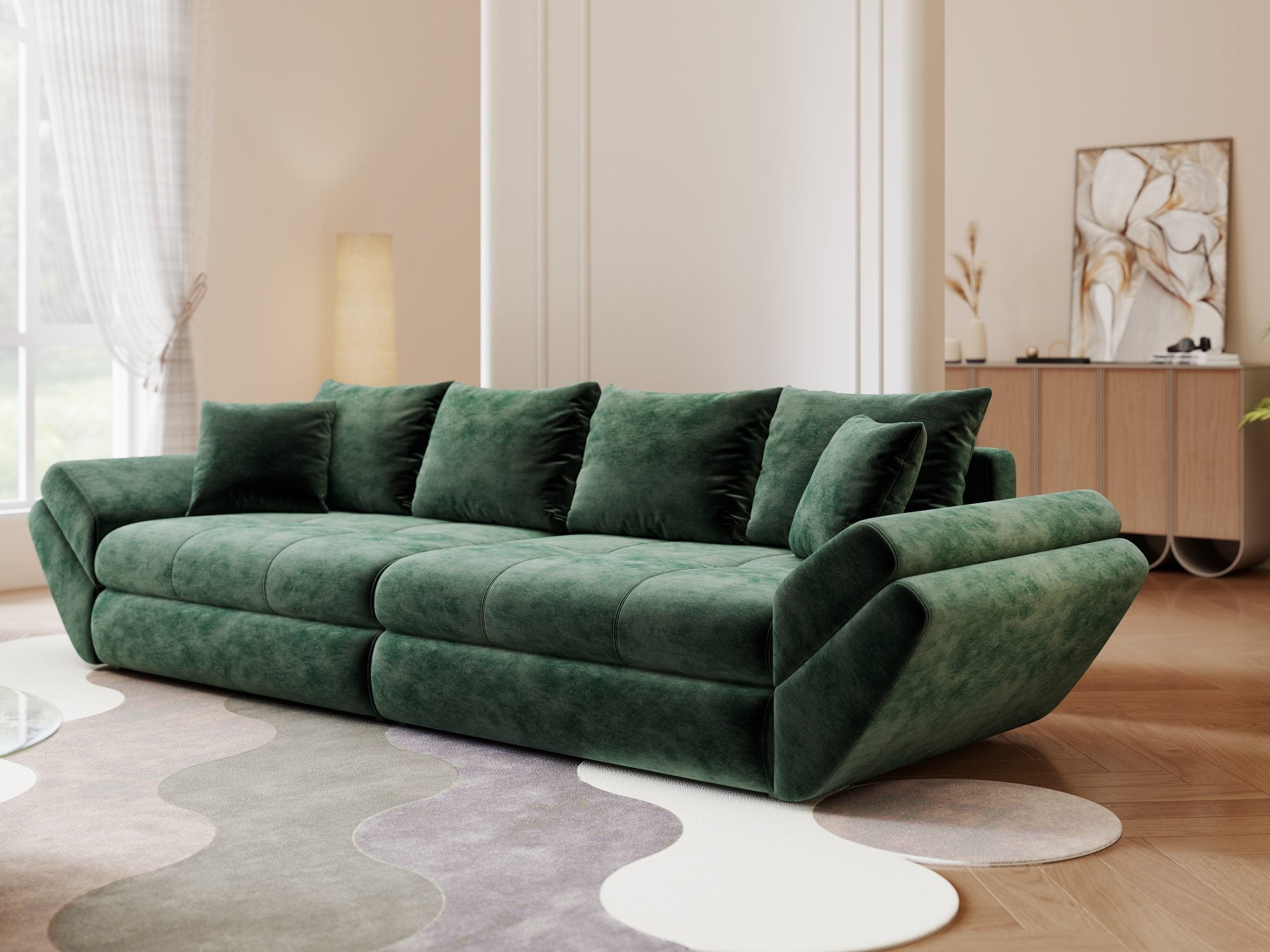 Canapea extensibilă dumonde cu ladă de depozitare si sezut confortabil din spuma high-density, Loana Monolith Verde 300x100 cm